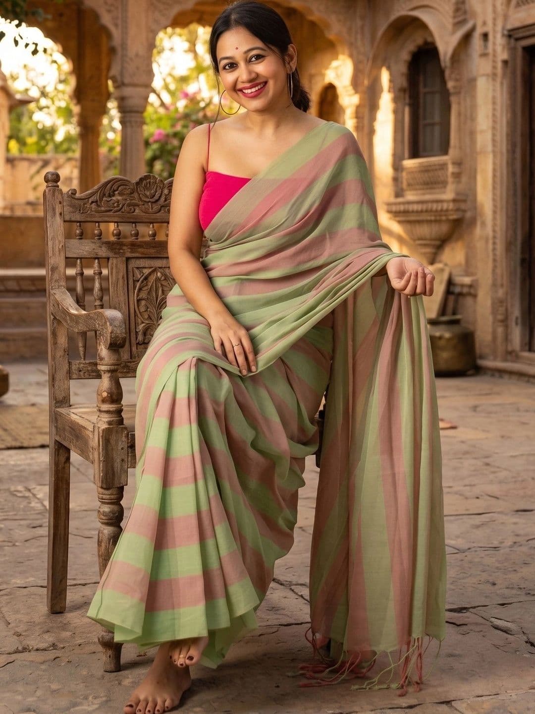 JUICE BEAUTY Striped Zari Linen Blend Saree thumbnail 6