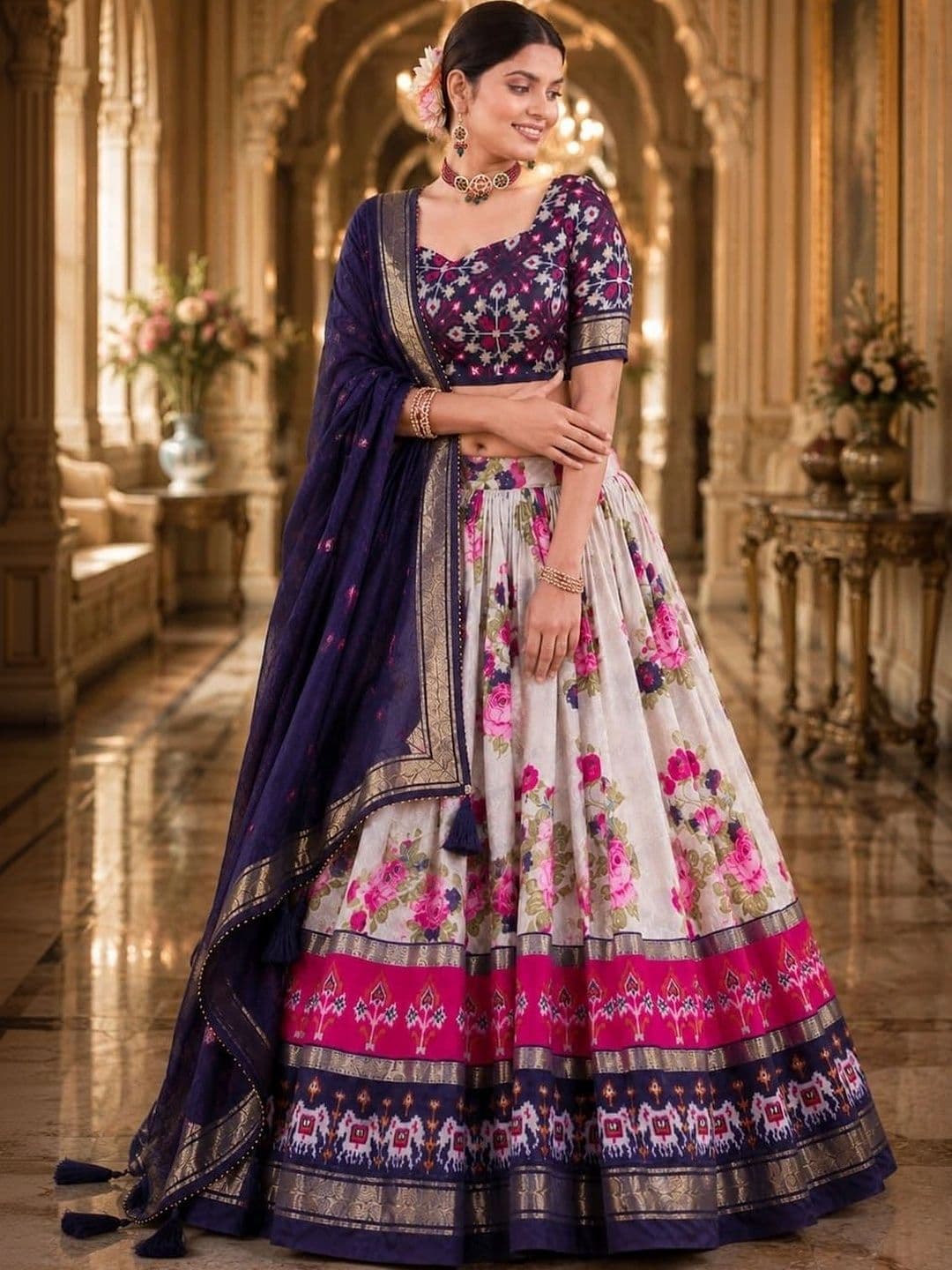 House of Pataudi Printed Semi-Stitched Lehenga & Unstitched Blouse Taping thumbnail 4