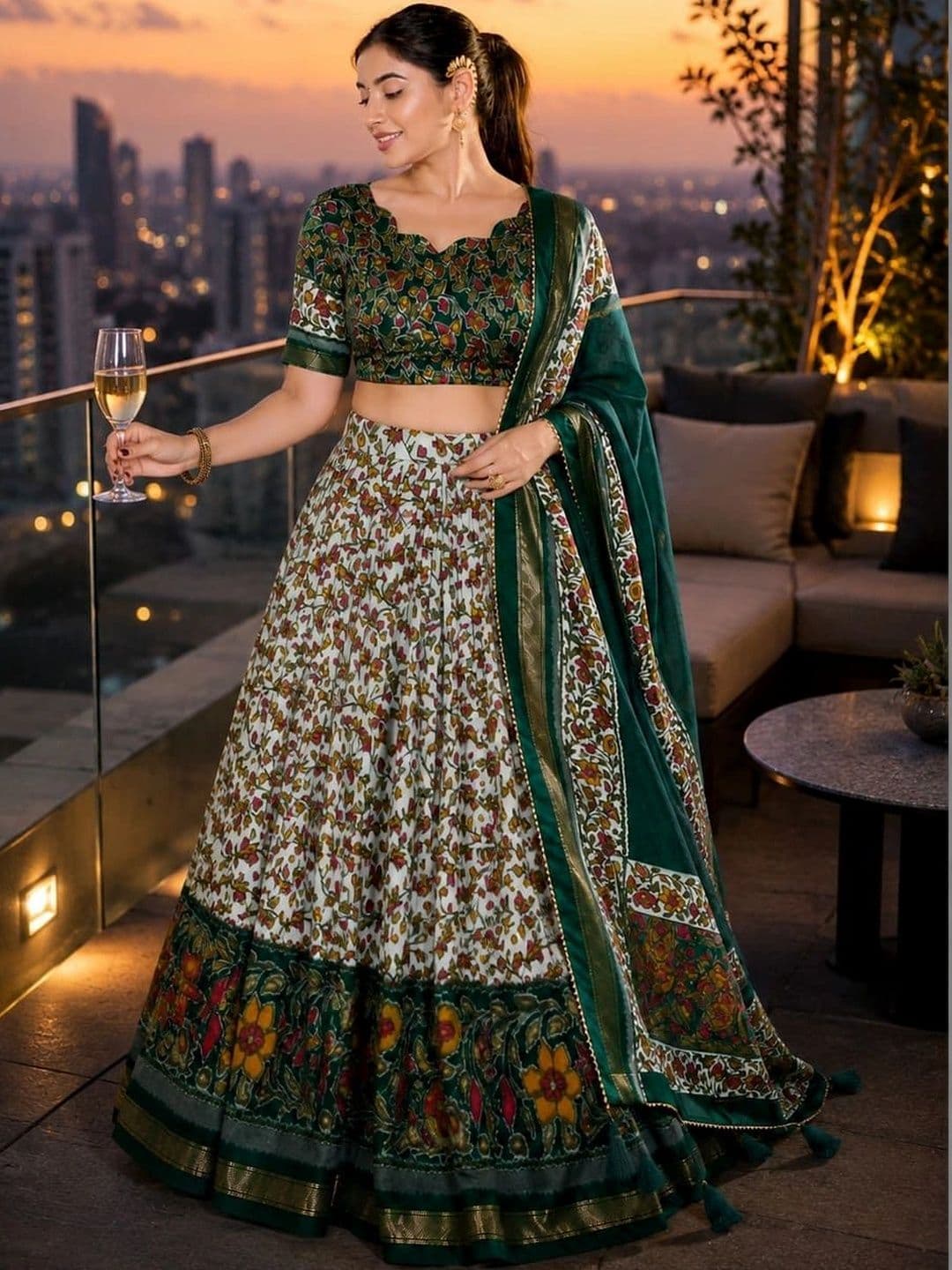 House of Pataudi Women Printed Kalamkari Semi-Stitched Lehenga & Unstitched Blouse thumbnail 3