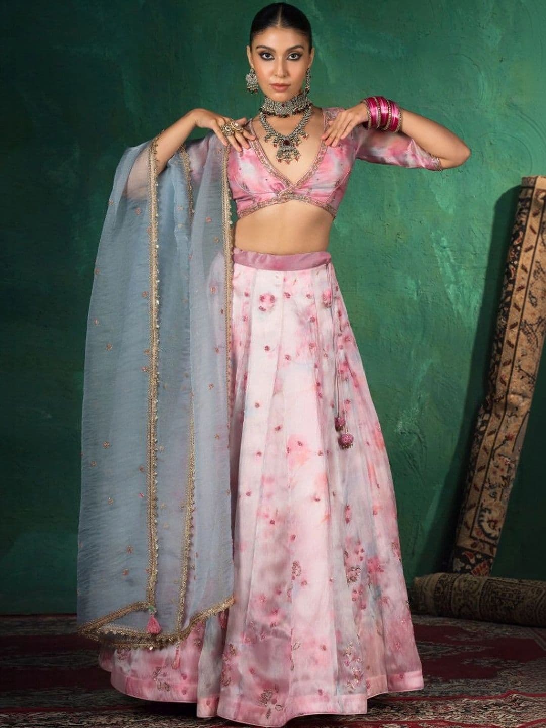 JIVANIS Embellished Thread Work Ready to Wear Lehenga & Blouse With Dupatta thumbnail 4