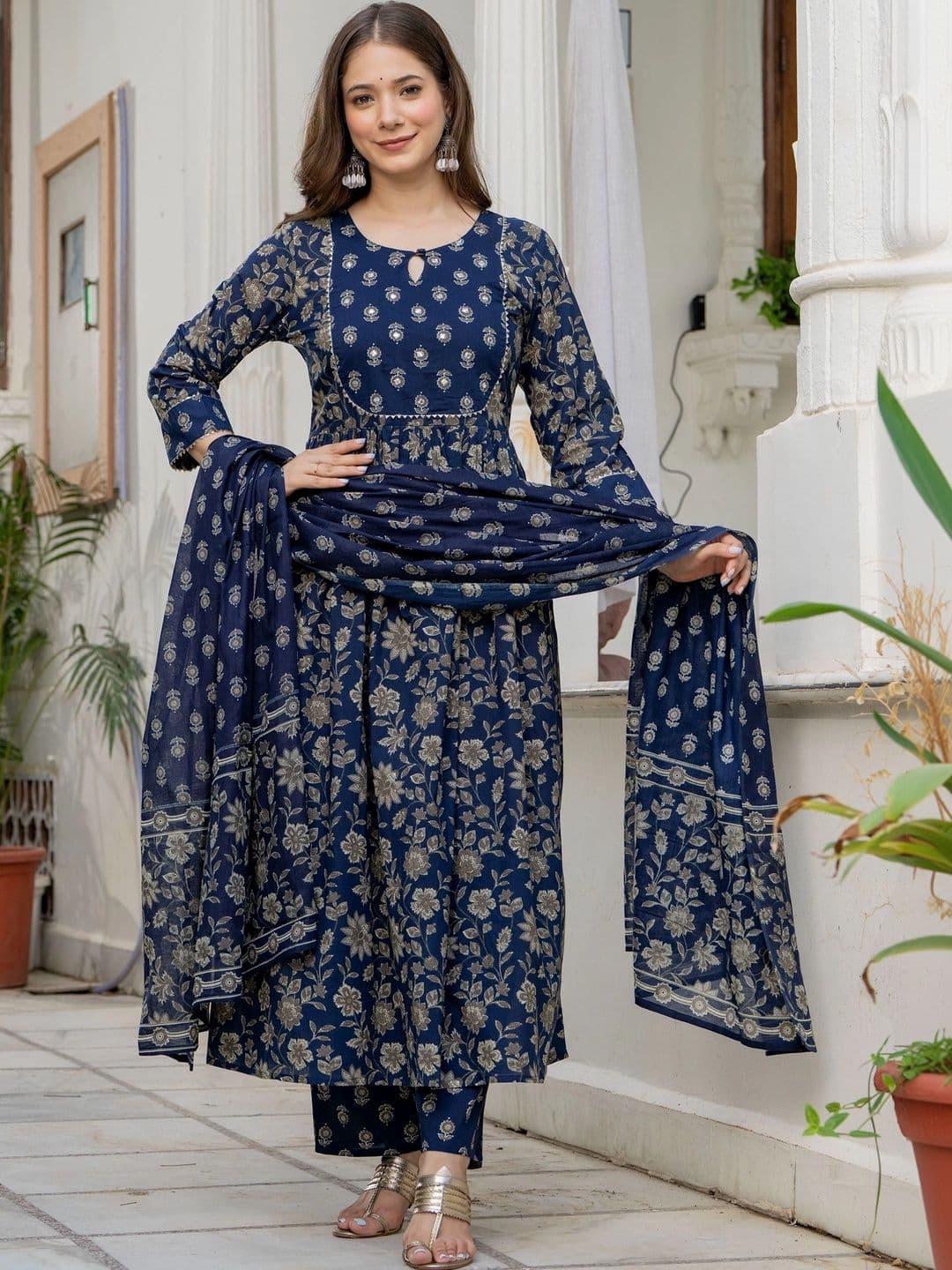 PARTHVI Women Floral Printed Empire Mirror Work Pure Cotton Kurta with Trousers & With Dupatta - view 1
