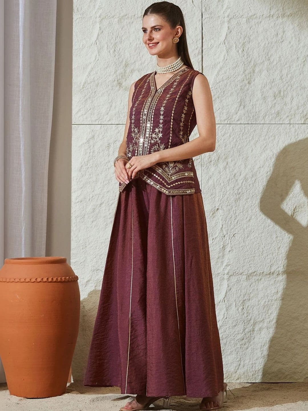MOKOSH Women Ethnic Motifs Embroidered Empire Pure Silk Kurta with Palazzos thumbnail 5