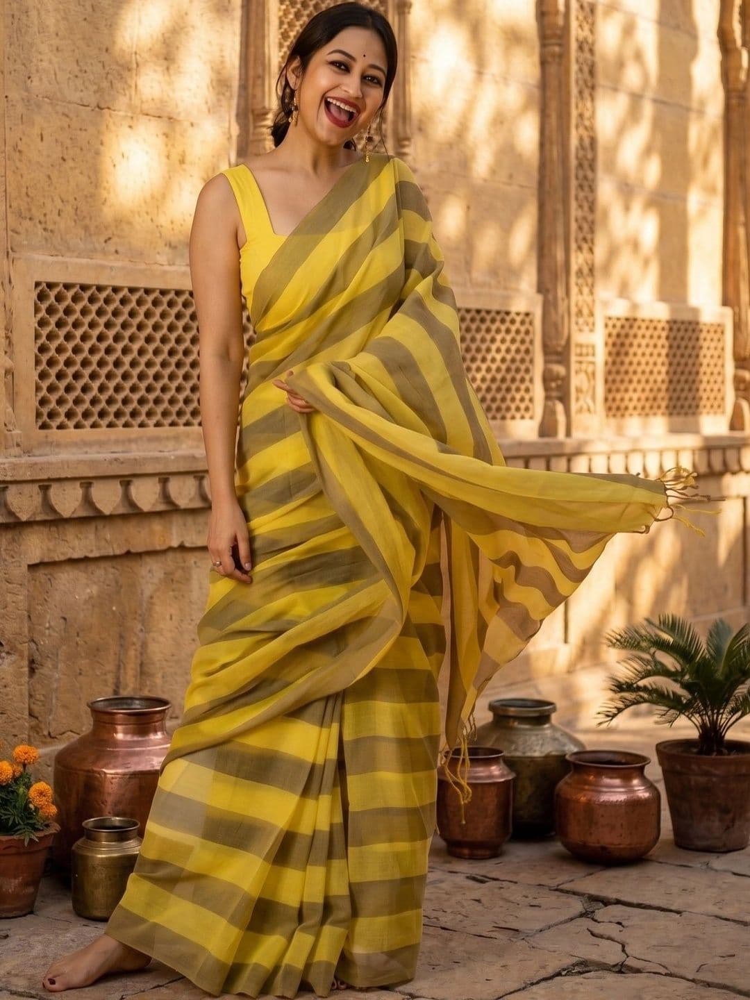 AAVEE Striped Zari Linen Blend Saree thumbnail 2