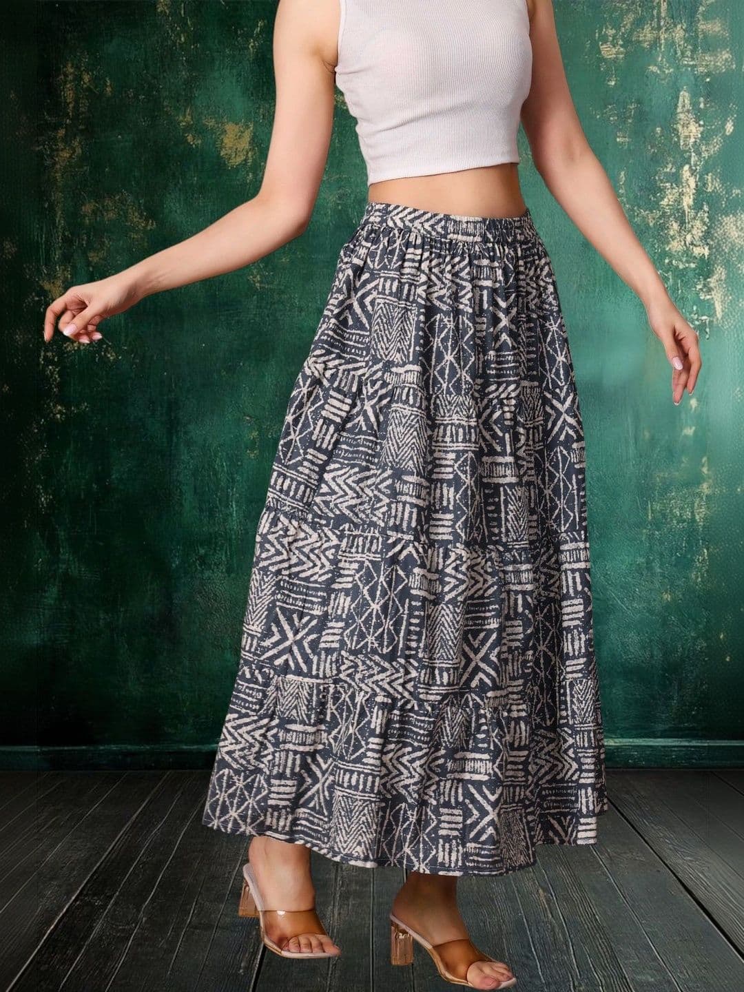 House of Sakhhi Women Pure Cotton Blend Geometric Bohemian Maxi Tiered Skirt thumbnail 5