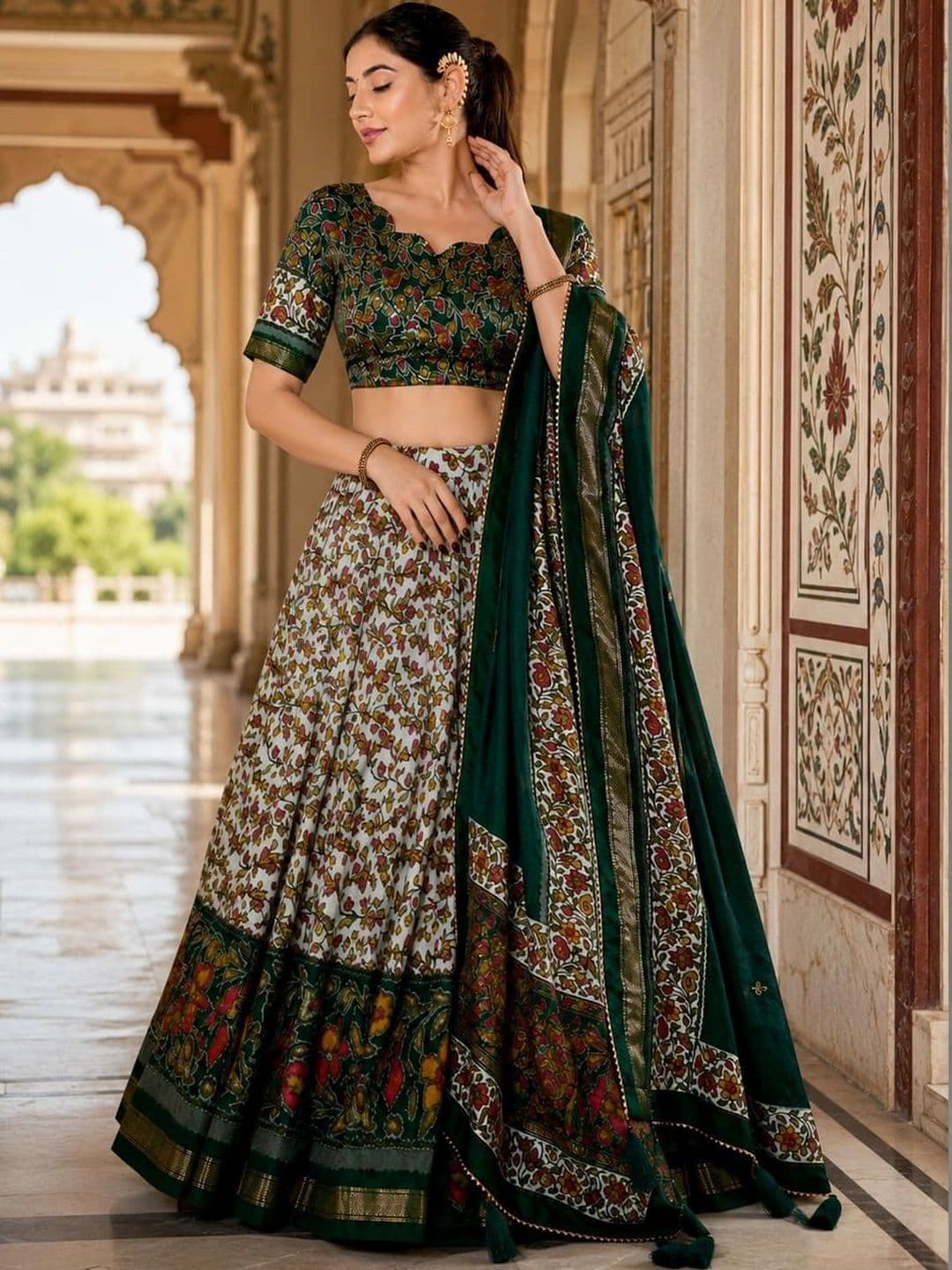 House of Pataudi Women Printed Kalamkari Semi-Stitched Lehenga & Unstitched Blouse thumbnail 5