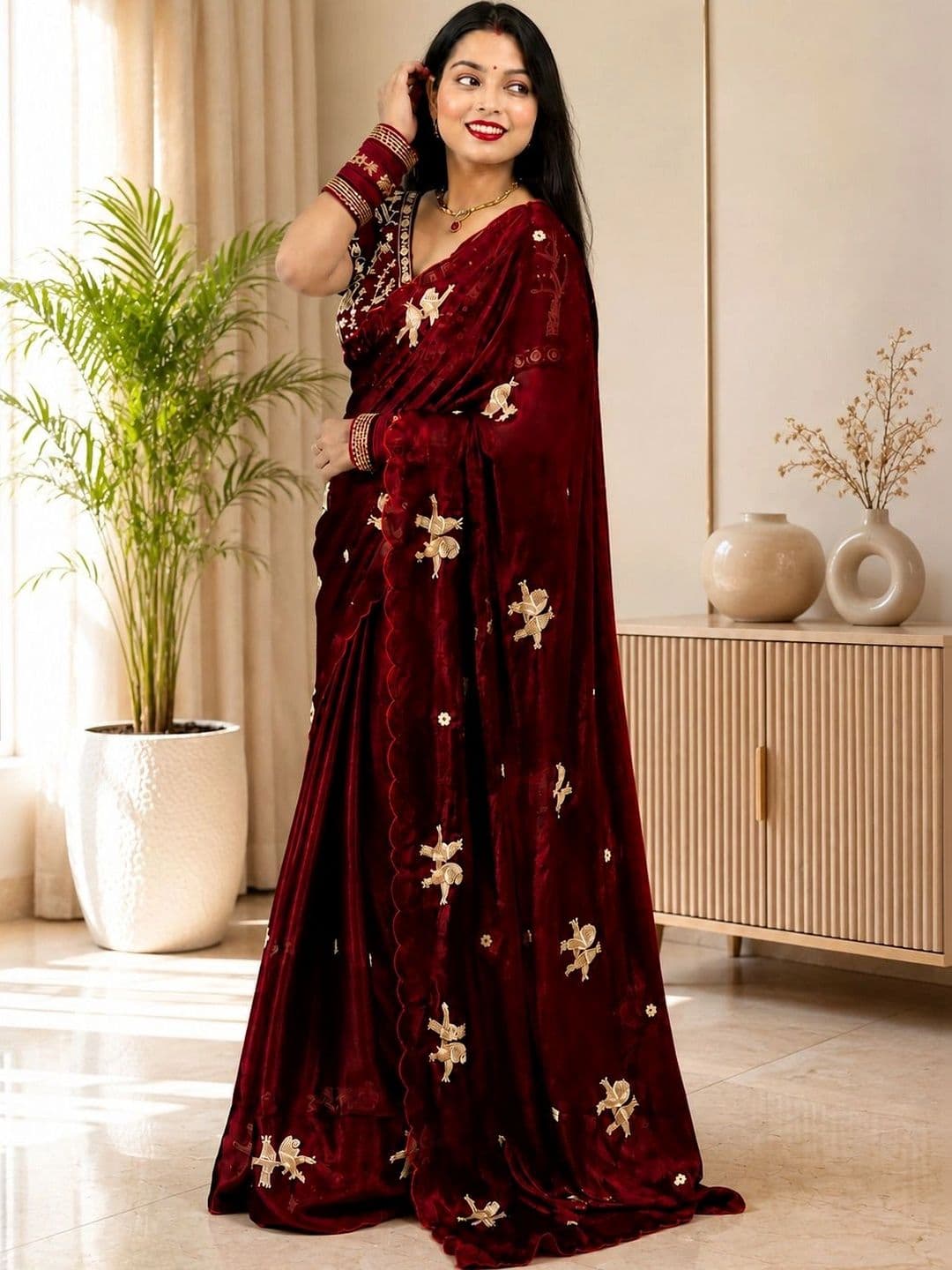 HK TEX Embroidered Satin Saree thumbnail 2