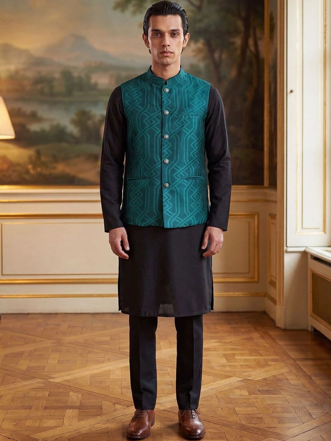 Ethnic Bay Jacquard Woven Design Nehru Jackets - view 1