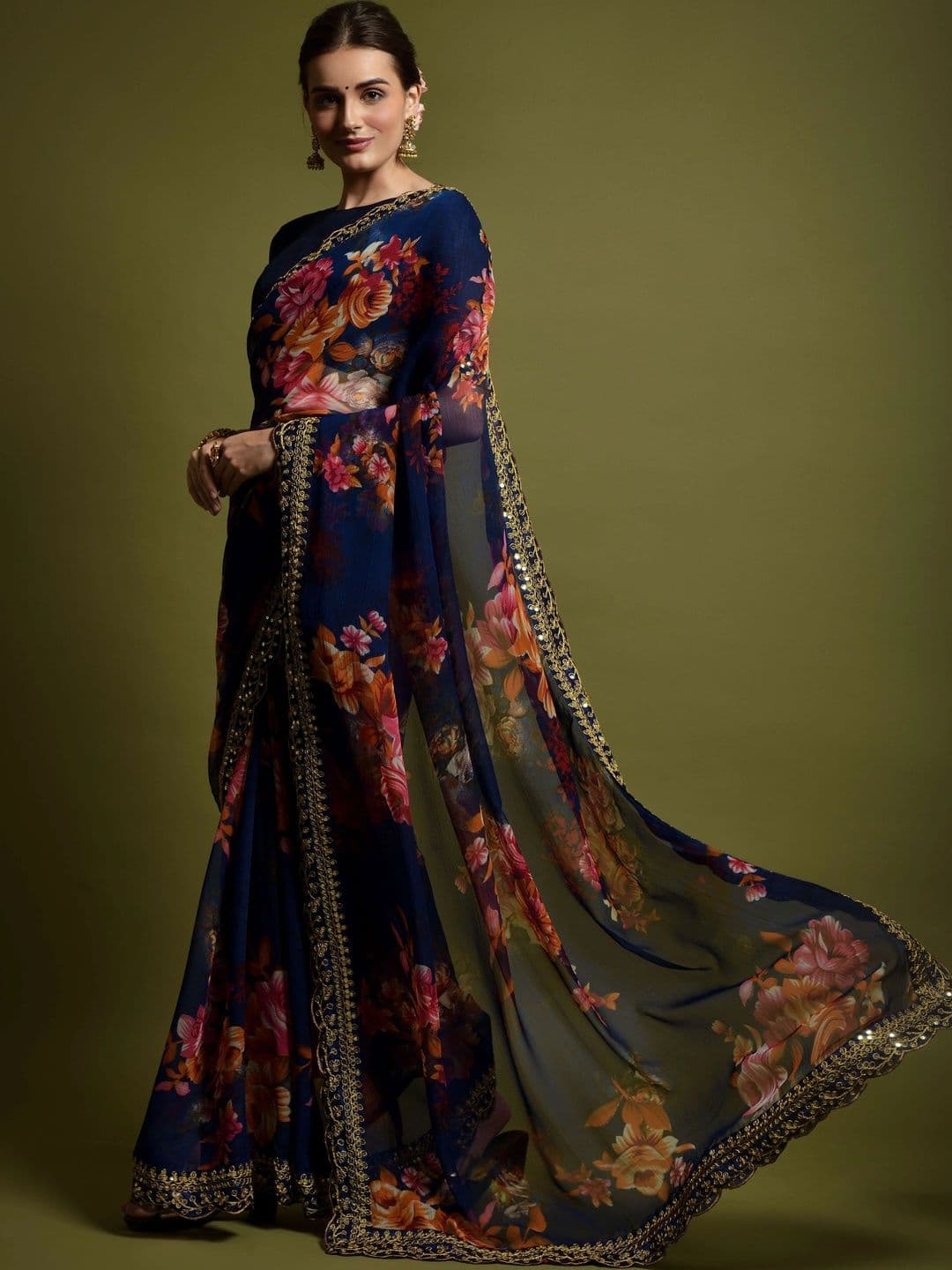 KALINI Floral Embroidered Pure Chiffon Saree - view 1