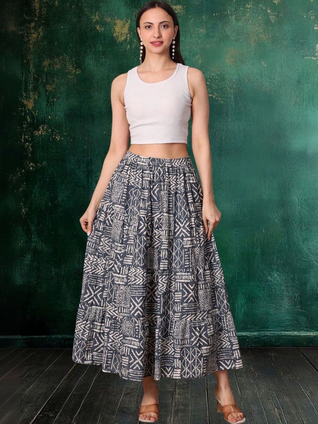 House of Sakhhi Women Pure Cotton Blend Geometric Bohemian Maxi Tiered Skirt thumbnail 2