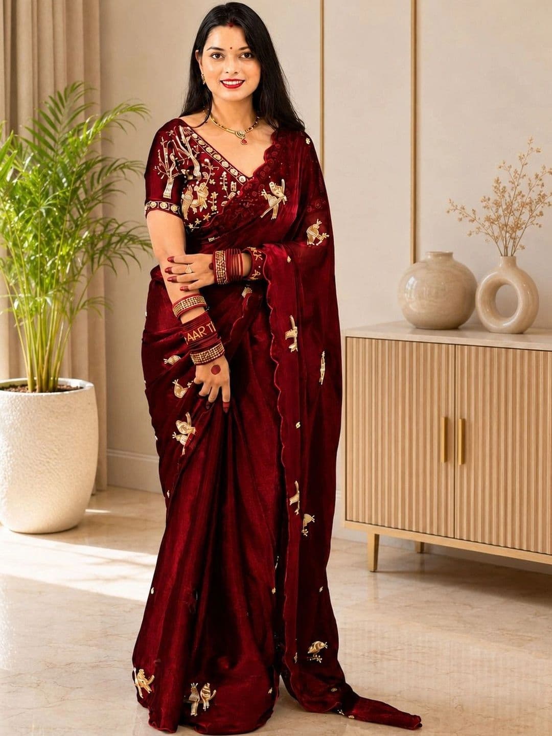 HK TEX Embroidered Satin Saree thumbnail 4