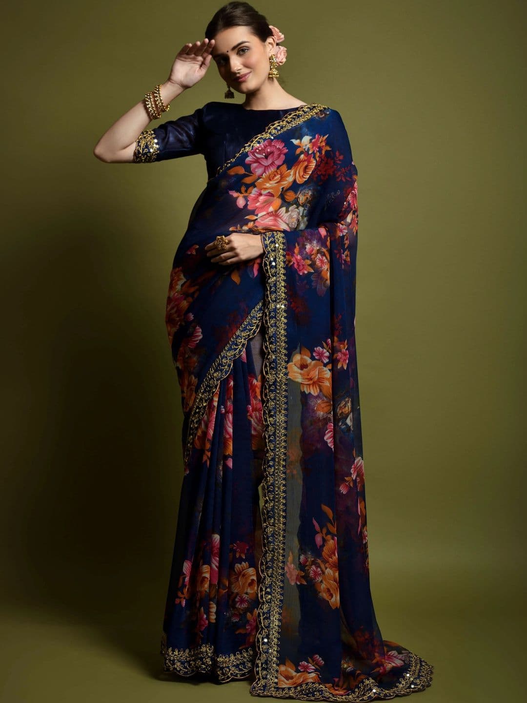 KALINI Floral Embroidered Pure Chiffon Saree thumbnail 4