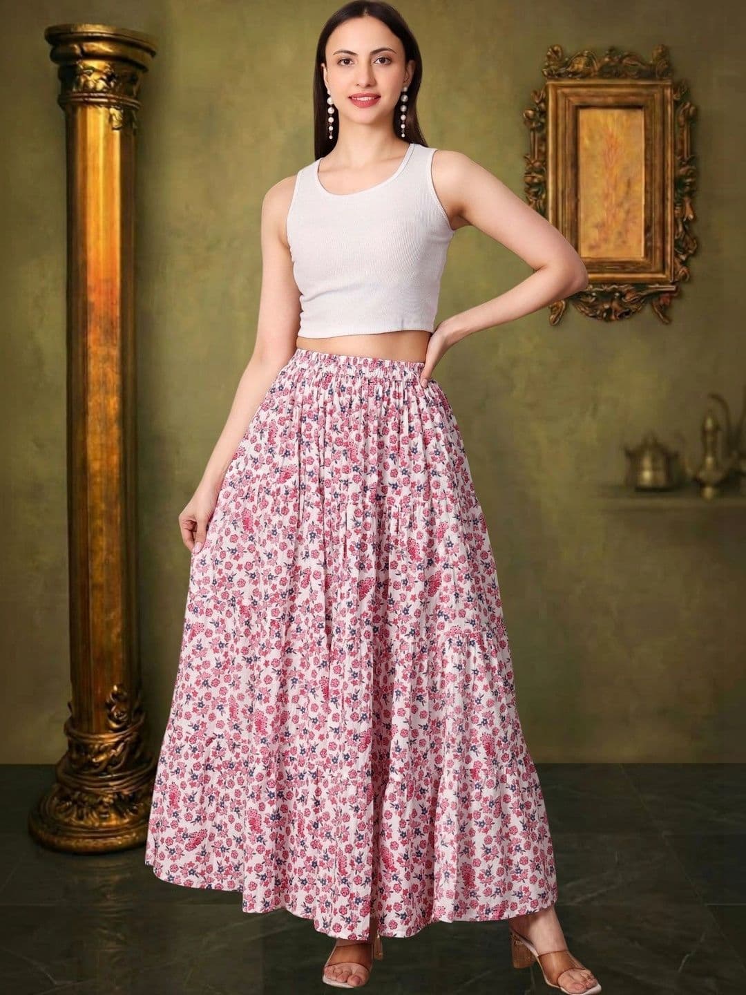 House of Sakhhi Women Pure Cotton Blend Floral Maxi Flared Skirt - view 1