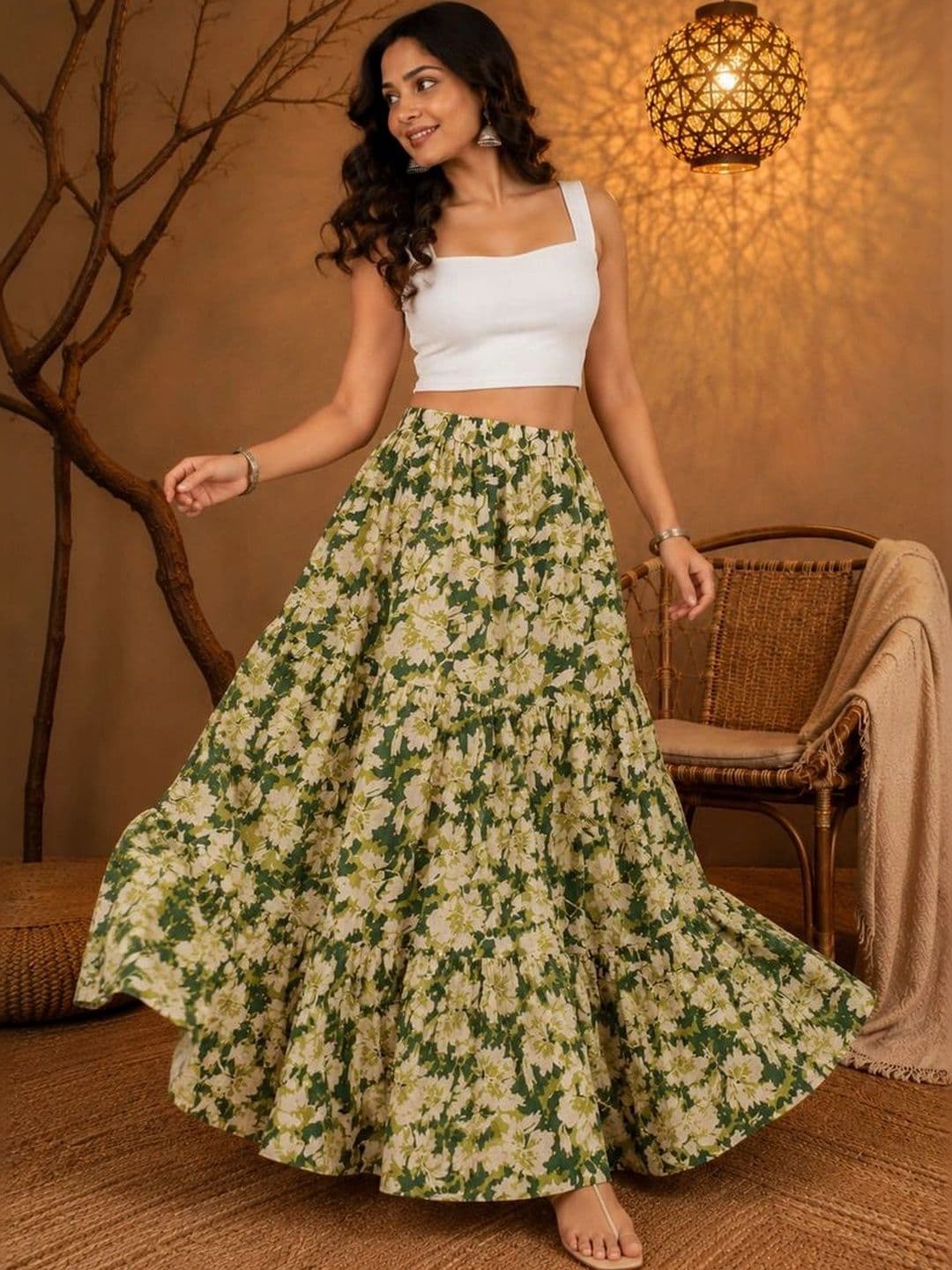 House of Sakhhi Women Pure Cotton Blend Floral Maxi Flared Skirt thumbnail 2