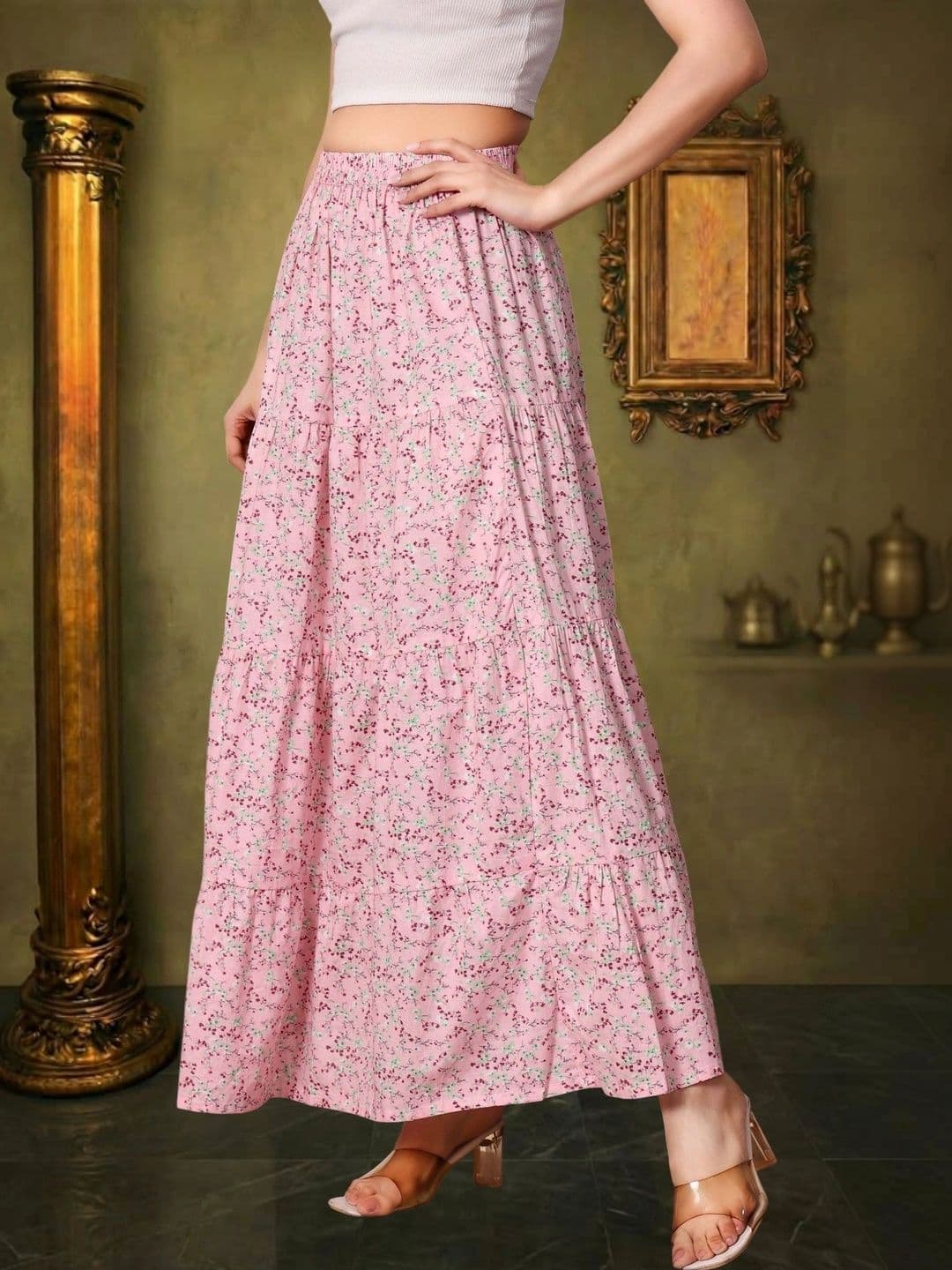 House of Sakhhi Women Pure Cotton Blend Floral Micro or Ditsy Print Maxi Tiered Skirt thumbnail 2