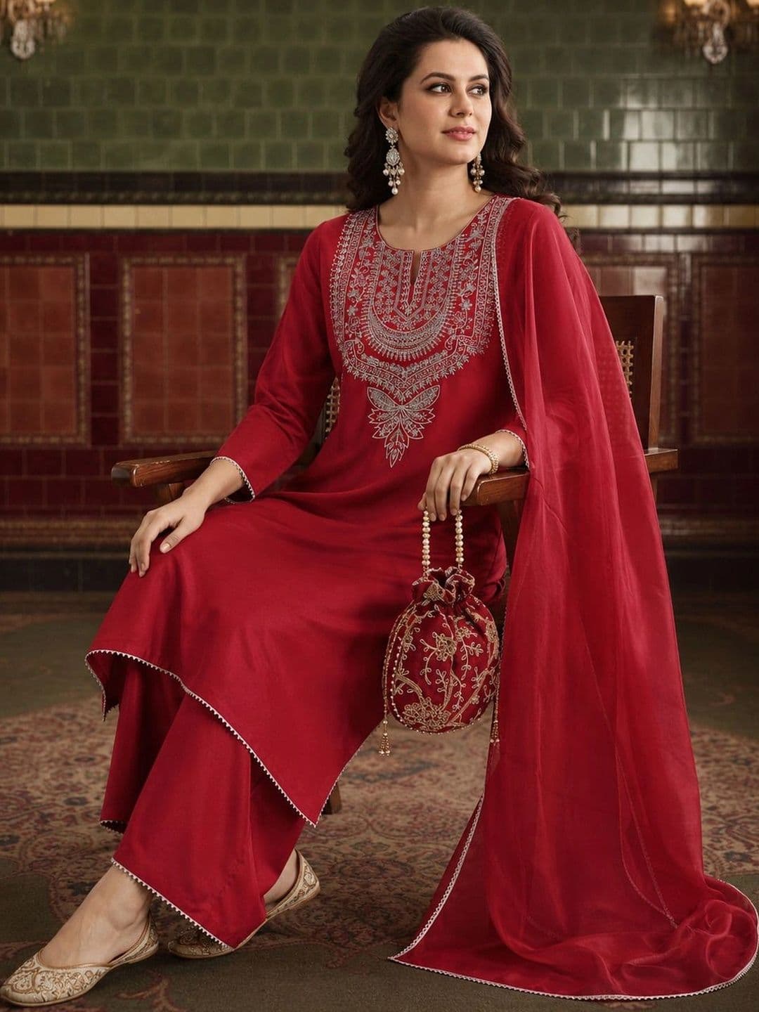 House of Pataudi Women Ethnic Motifs Embroidered Regular Thread Work Kurta with Palazzos & With Dupatta thumbnail 2