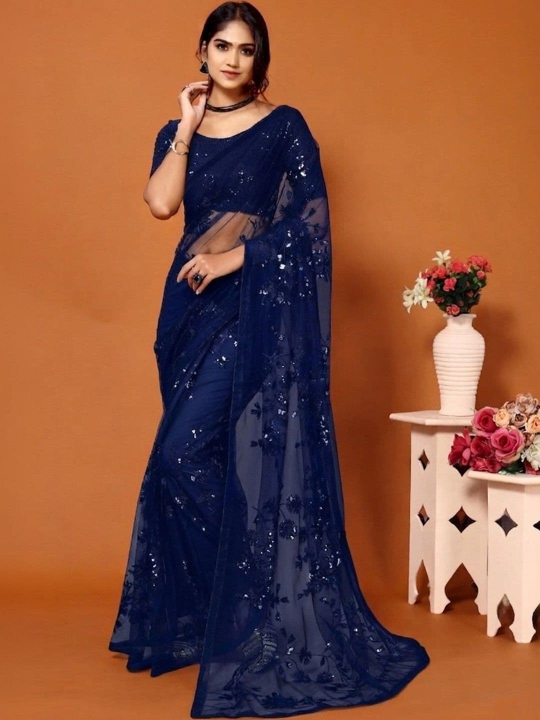 Mitera Embellished Sequinned Poly Georgette Designer Saree thumbnail 5