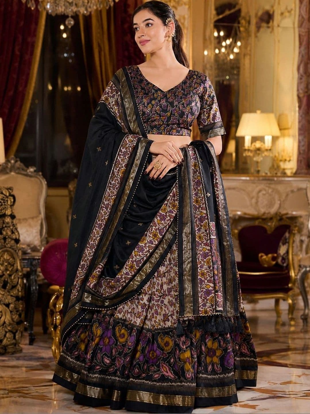 House of Pataudi Printed Semi-Stitched Lehenga & Unstitched Blouse - view 1