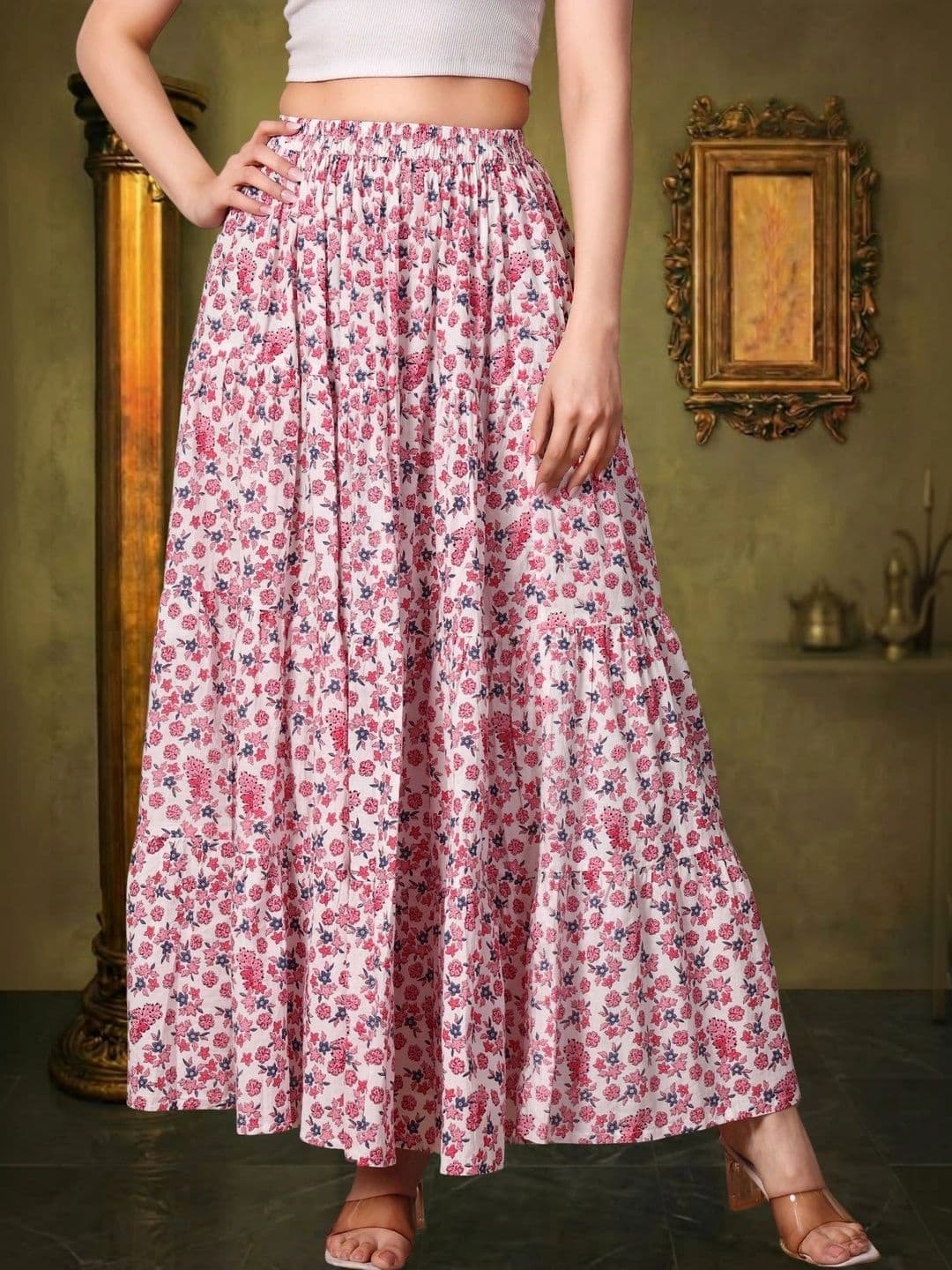 House of Sakhhi Women Pure Cotton Blend Floral Maxi Flared Skirt thumbnail 3