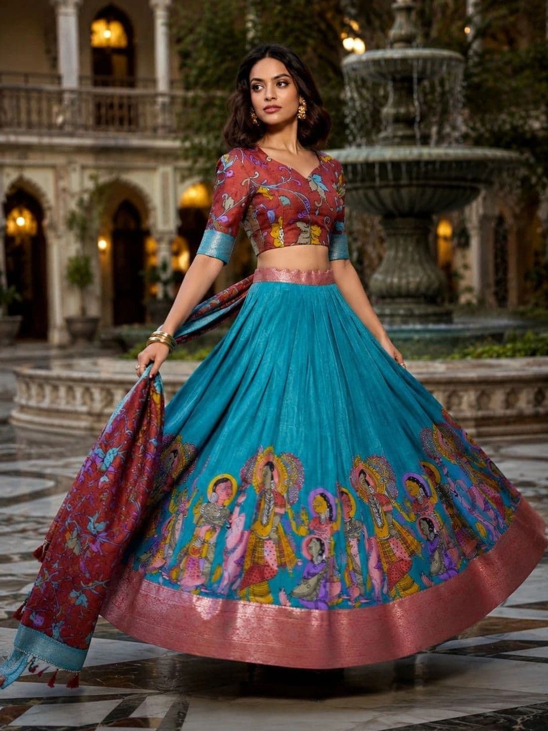 House of Pataudi Printed Semi-Stitched Lehenga & Unstitched Blouse Taping thumbnail 5