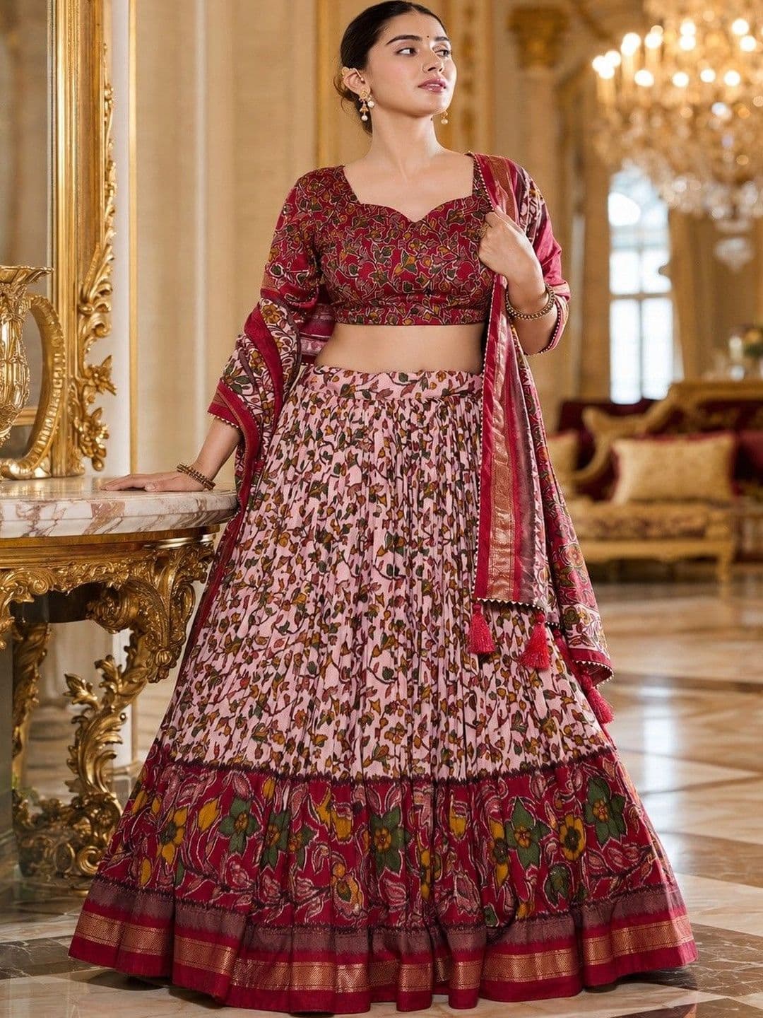House of Pataudi Printed Semi-Stitched Lehenga & Unstitched Blouse Taping - view 1