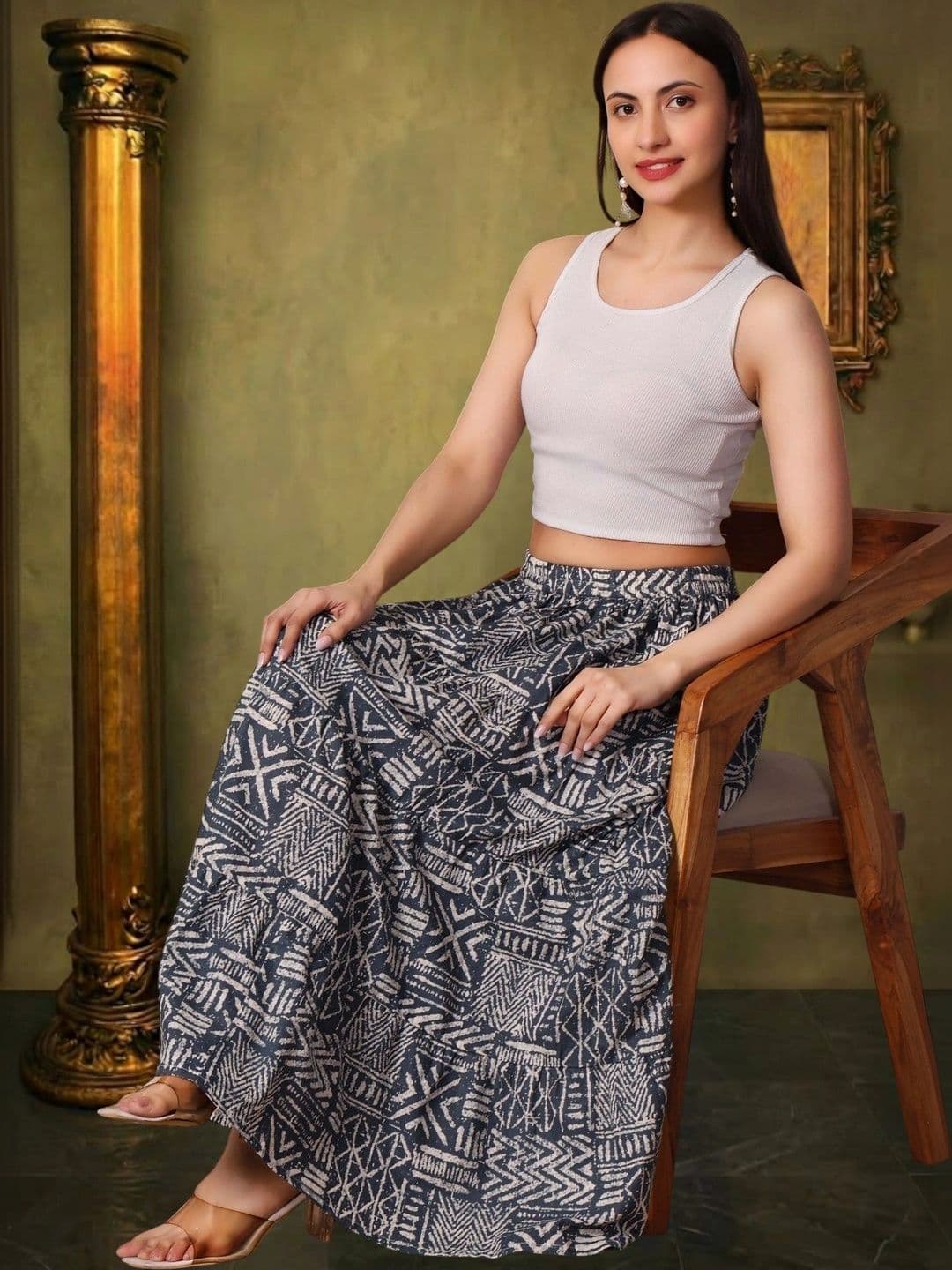 House of Sakhhi Women Pure Cotton Blend Abstract Maxi Flared Skirt thumbnail 3