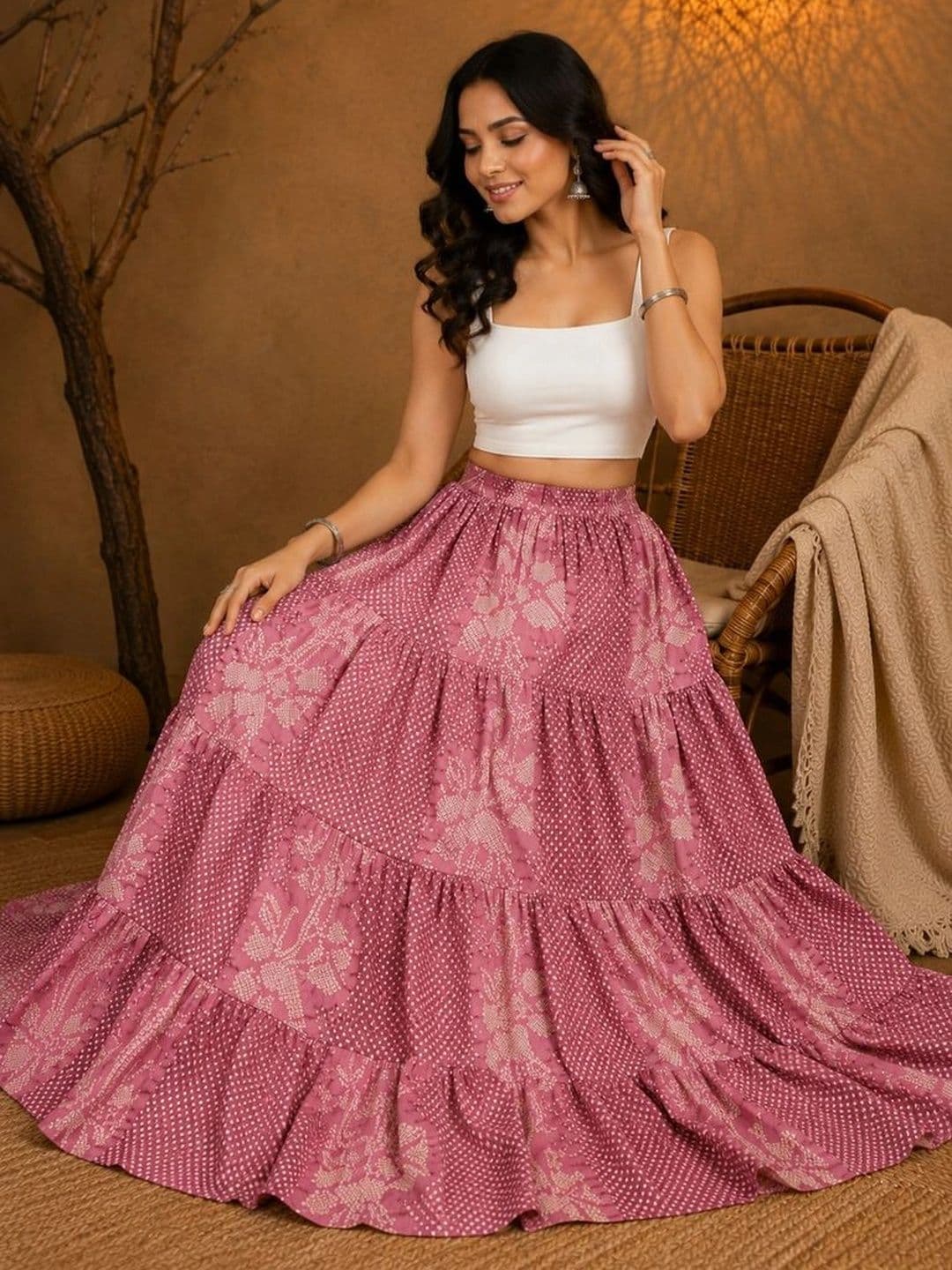 House of Sakhhi Women Pure Cotton Blend Floral Tiered Maxi Tiered Skirt thumbnail 4