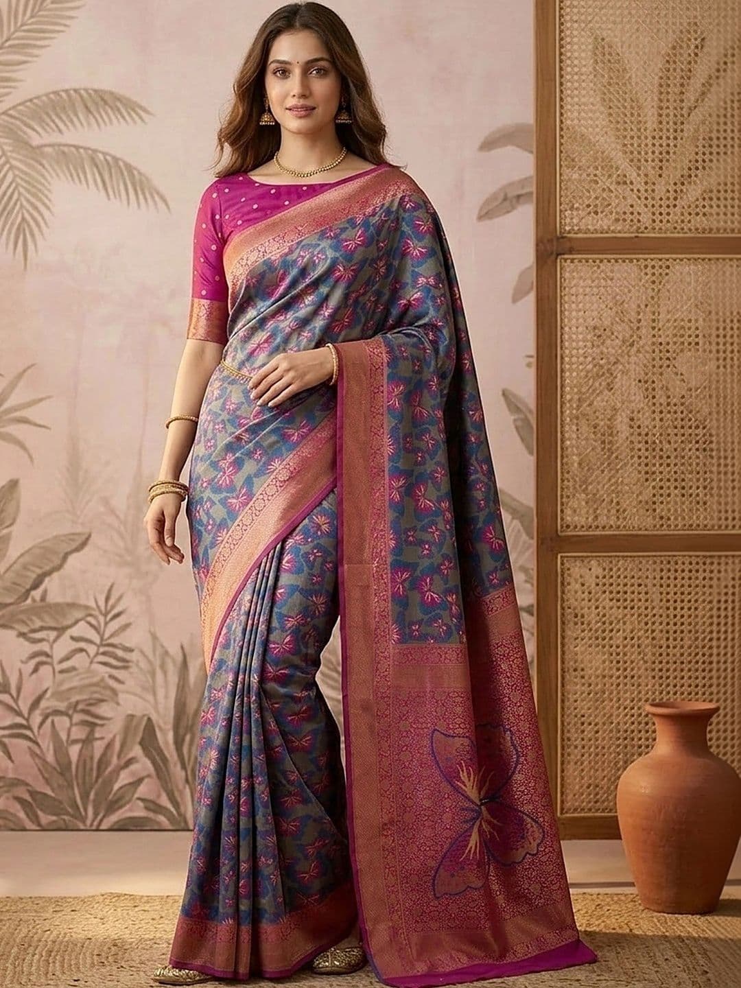 Sangria Women Floral Woven Design Zari Saree thumbnail 4
