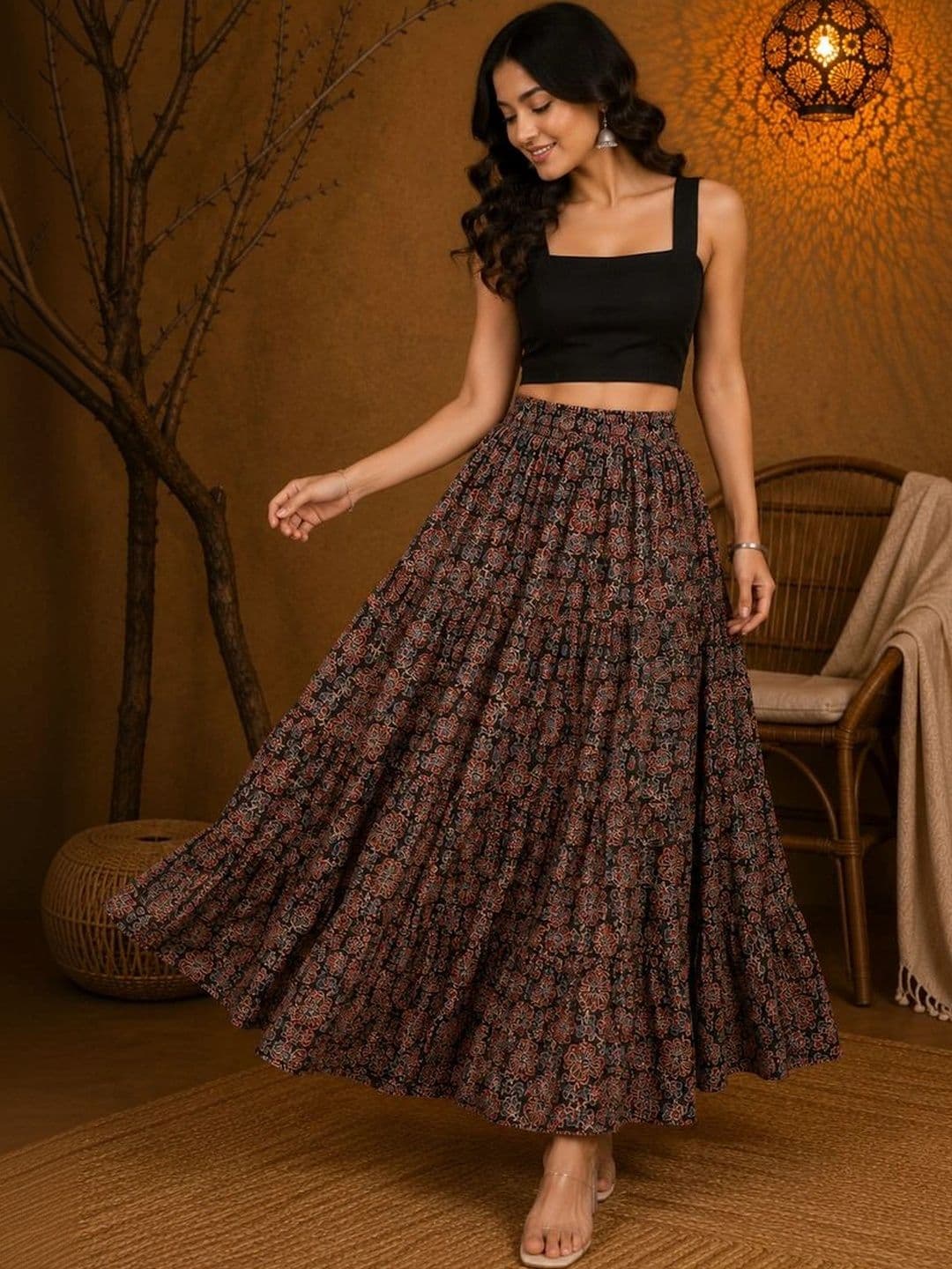 House of Sakhhi Women Pure Cotton Blend Floral Maxi Flared Skirt thumbnail 2