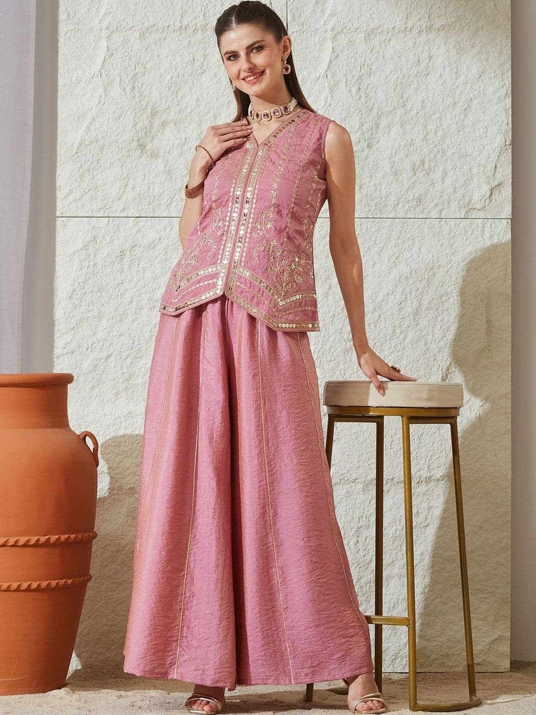 MOKOSH Women Ethnic Motifs Embroidered Regular Mirror Work Pure Silk Kurta with Palazzos - view 1