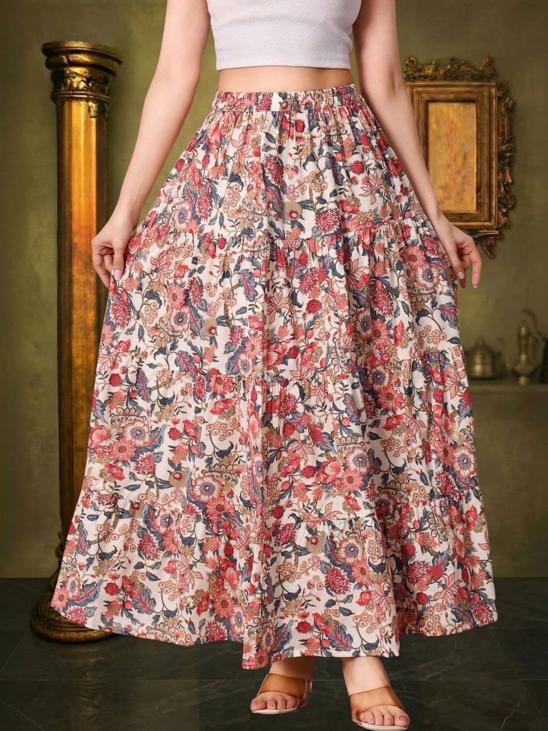 House of Sakhhi Women Pure Cotton Blend Floral Maxi Flared Skirt thumbnail 3