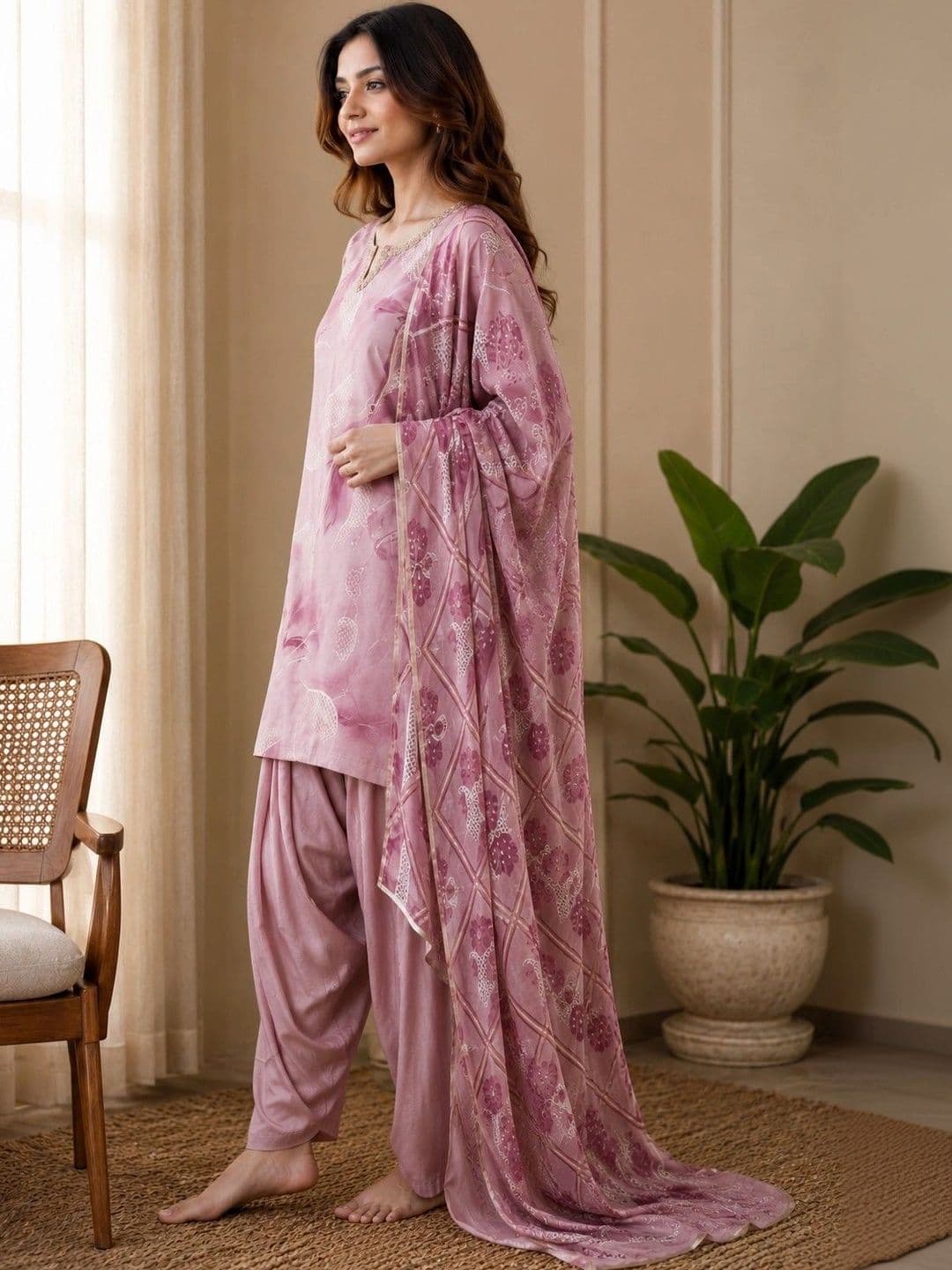 Sangria Women Floral Printed Farshi Kurta with Farshi Salwar & Dupatta Set thumbnail 3