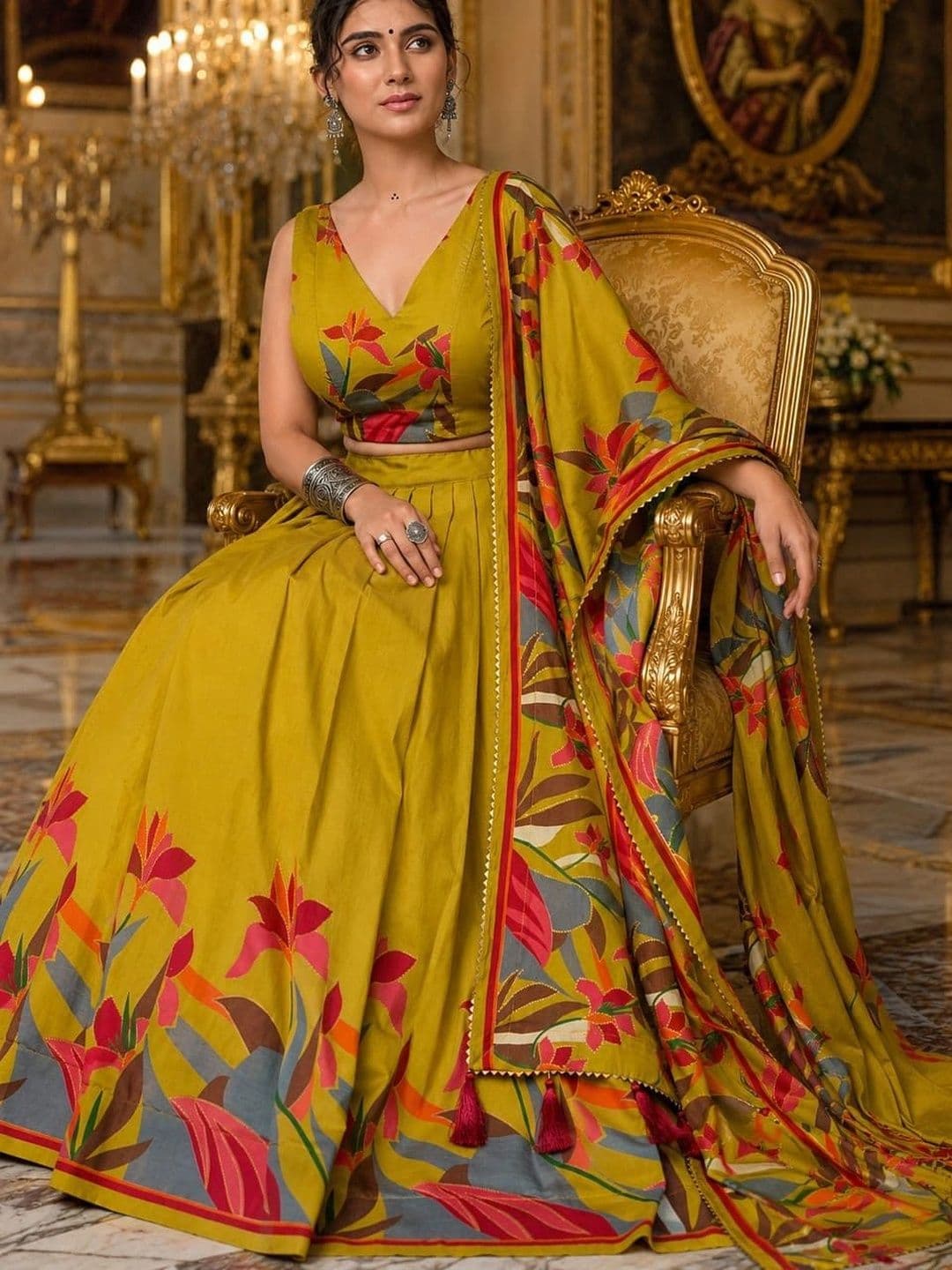 House of Pataudi Printed Semi-Stitched Lehenga & Unstitched Blouse Taping thumbnail 5