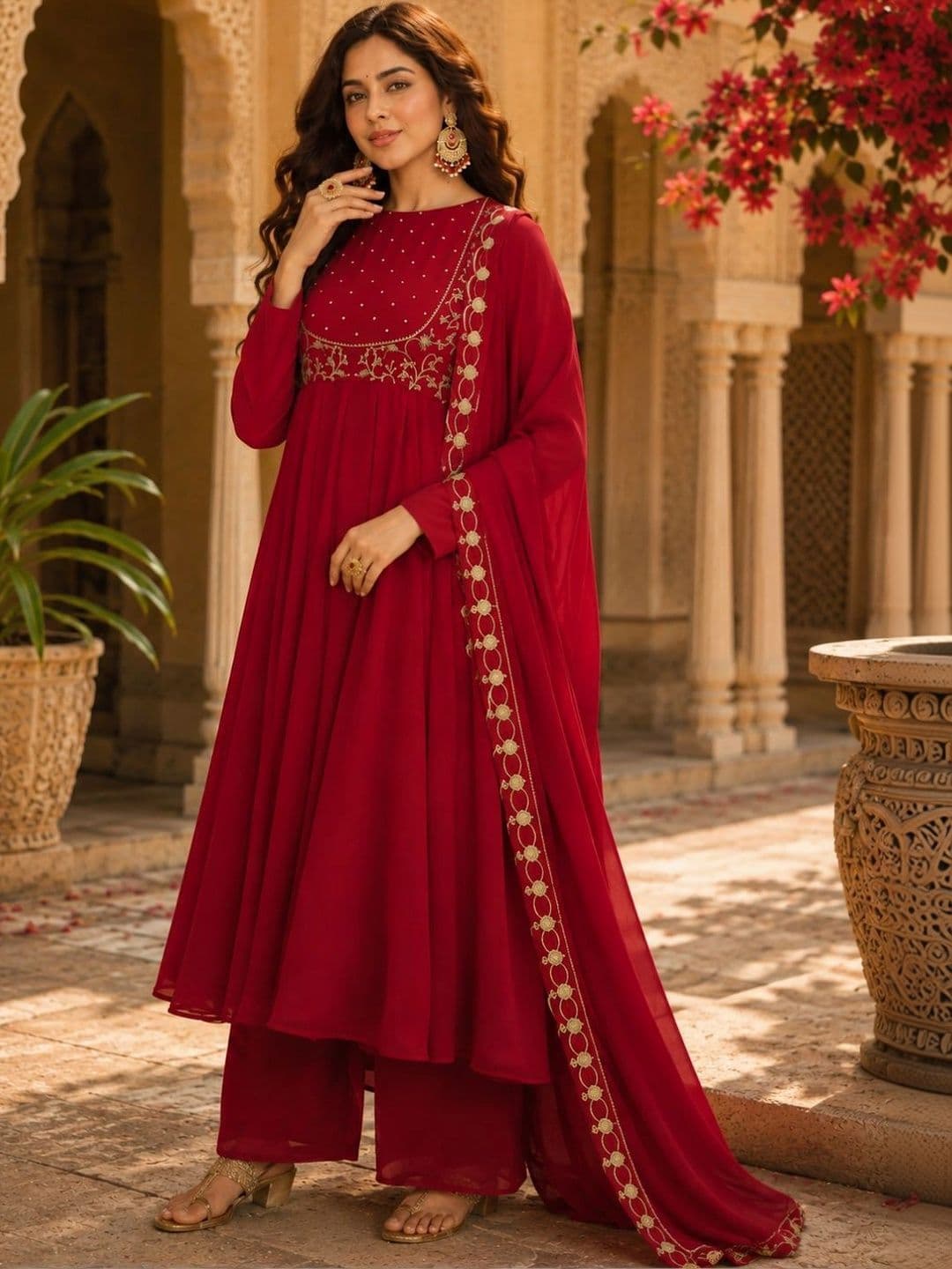 PREMNAD Women Ethnic Motifs Embroidered Empire Kurta with Palazzos & With Dupatta thumbnail 2