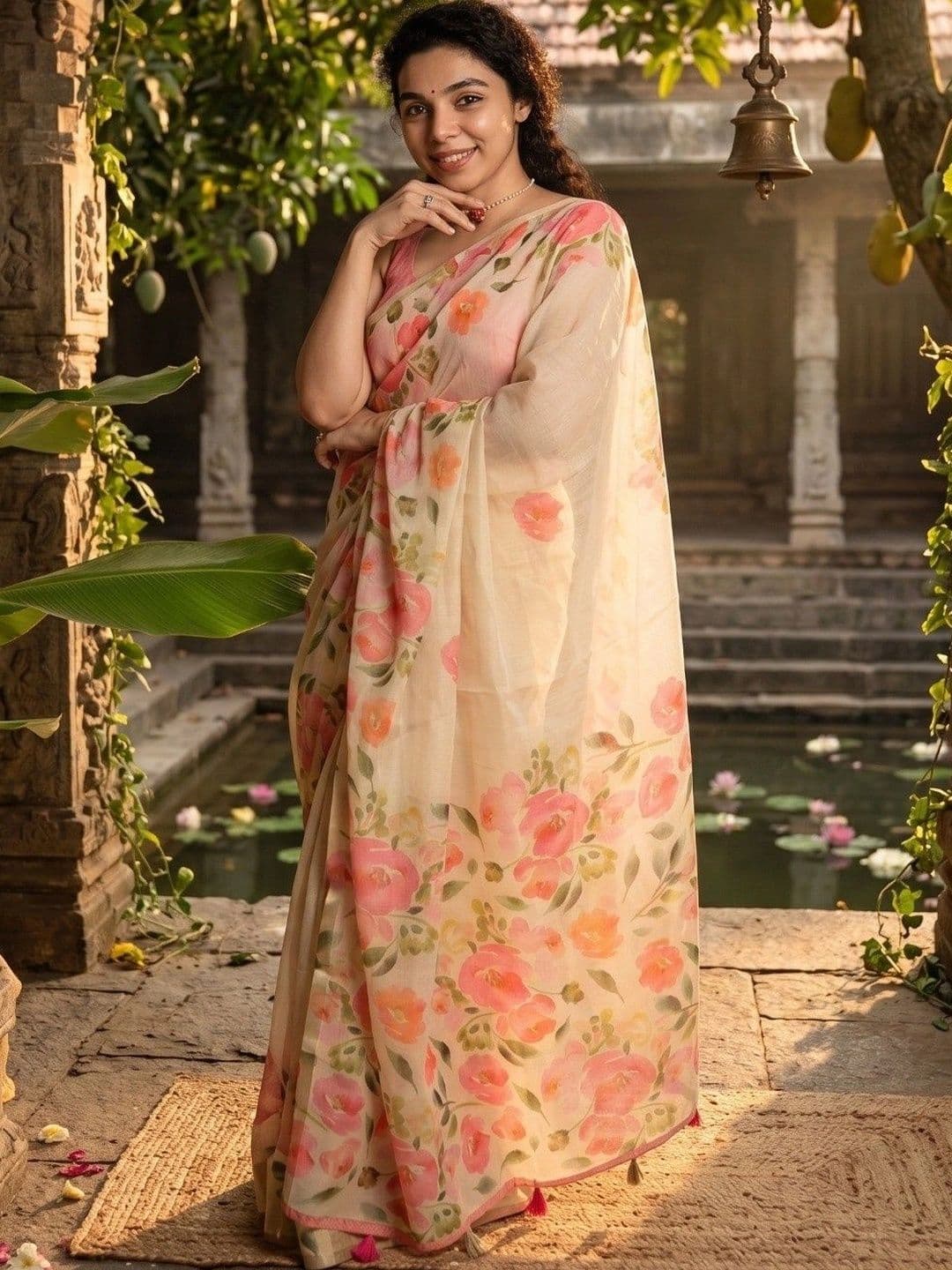 ZARA STAR Floral Zari Linen Blend Saree thumbnail 5