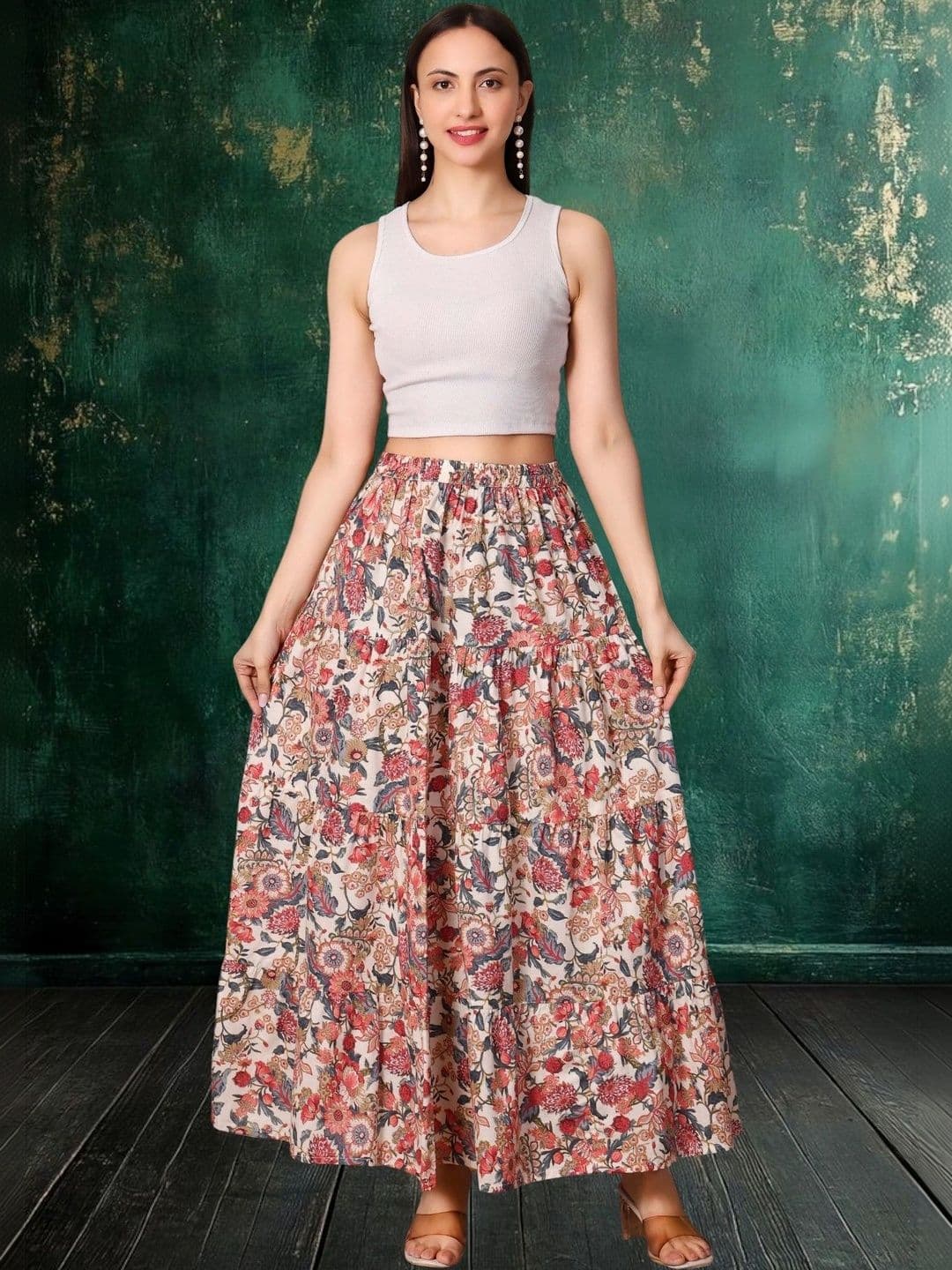 House of Sakhhi Women Pure Cotton Blend Floral Maxi Tiered Skirt thumbnail 5