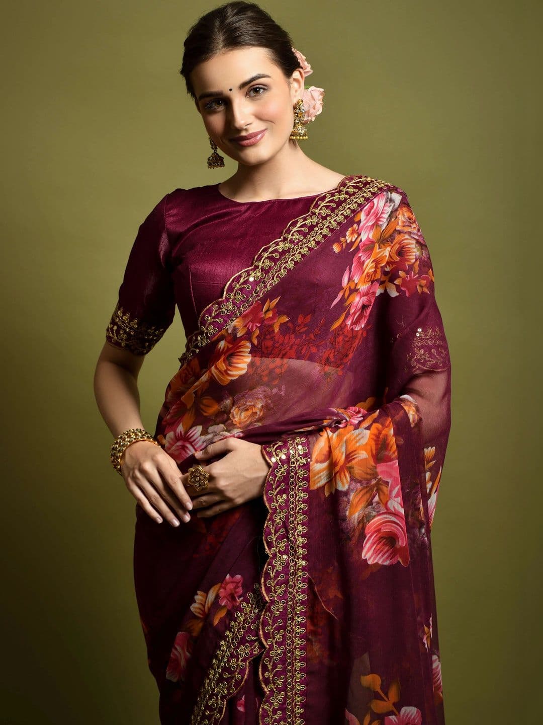 KALINI Floral Embroidered Pure Chiffon Saree thumbnail 2