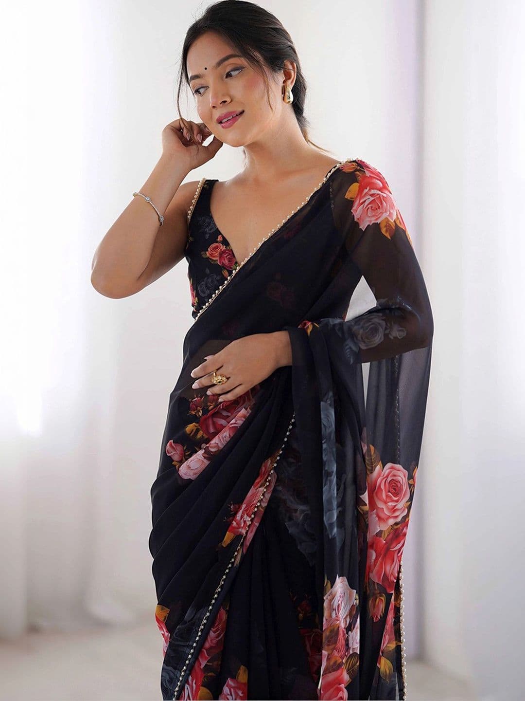 KALINI Floral Beads and Stones Pure Georgette Saree thumbnail 2