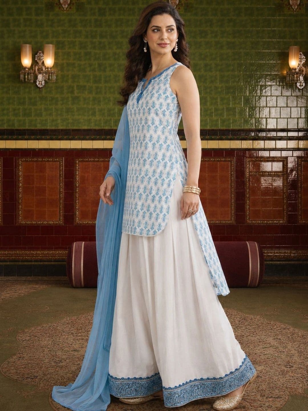 House of Pataudi Women Floral Printed Regular Pure Cotton Kurta with Farshi Salwar & With Dupatta thumbnail 4