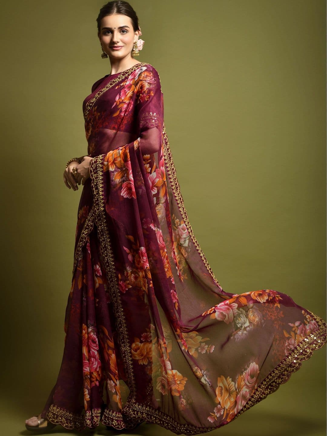 KALINI Floral Embroidered Pure Chiffon Saree thumbnail 3