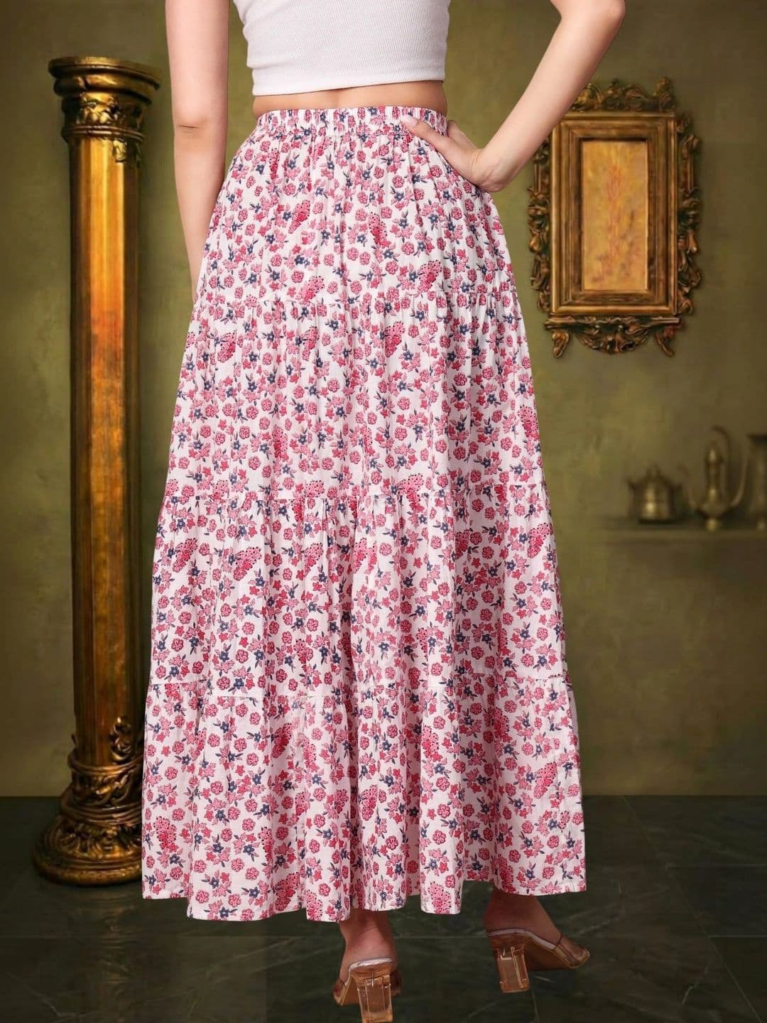 House of Sakhhi Women Pure Cotton Blend Floral Maxi Flared Skirt thumbnail 2