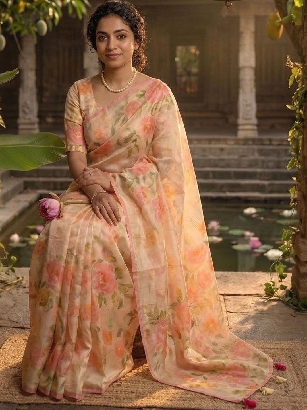 ZARA STAR Floral Zari Linen Blend Saree thumbnail 4