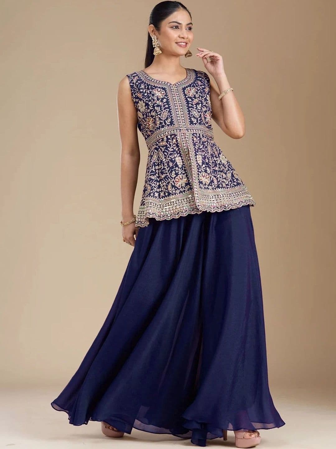 Sangria Women Floral Embroidered Empire Thread Work Kurti with Sharara & With Dupatta thumbnail 4