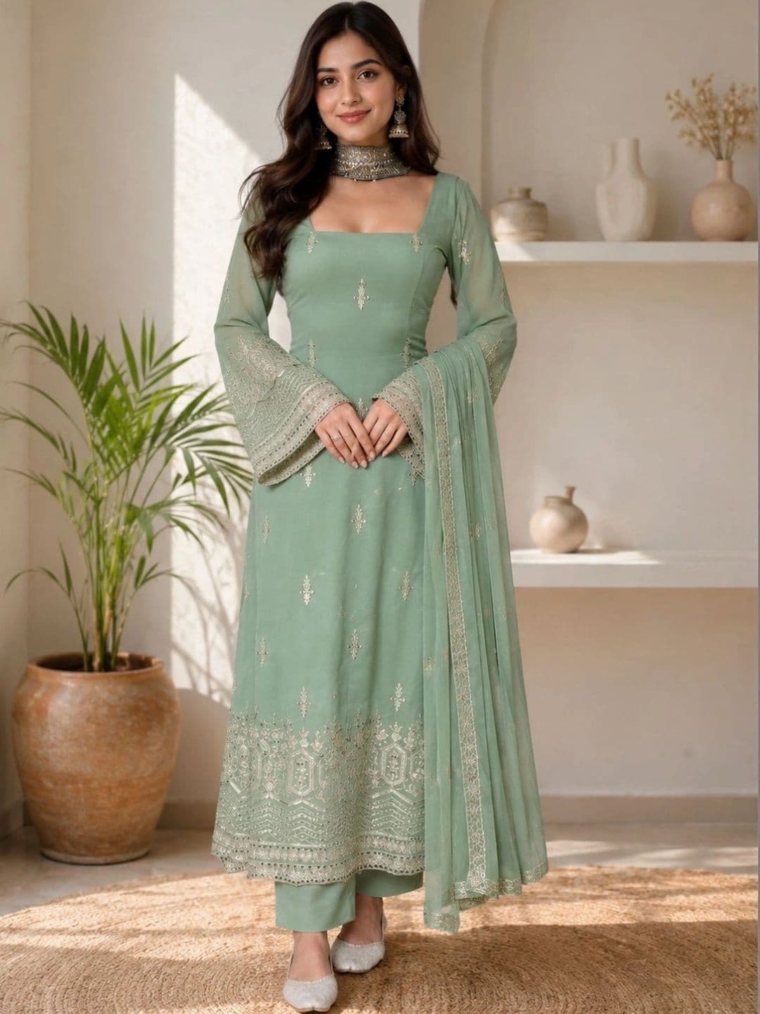 Moda Rapido Women Ethnic Motifs Embroidered Regular Thread Work Kurta with Trousers & With Dupatta - view 1