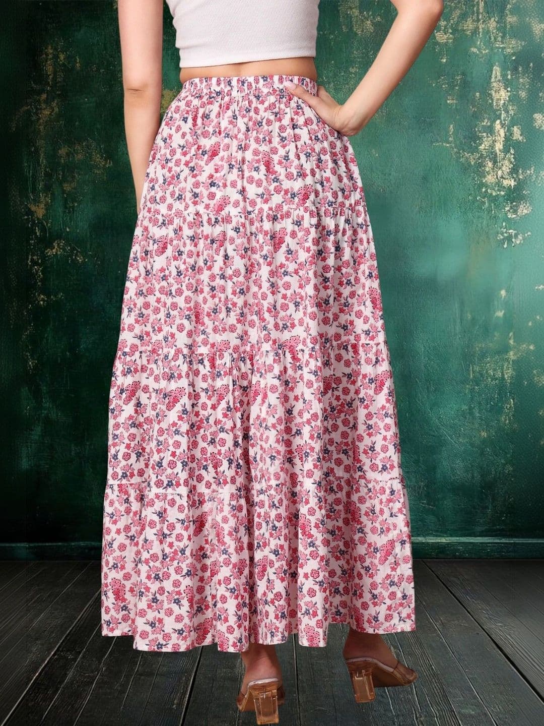 House of Sakhhi Women Pure Cotton Blend Floral Maxi Flared Skirt thumbnail 7