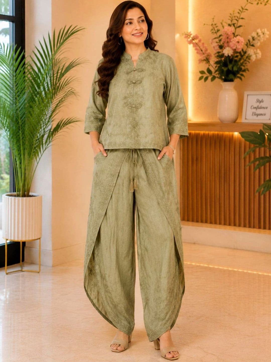 IKSHARA Cotton Embroidered Top with Palazzos thumbnail 6