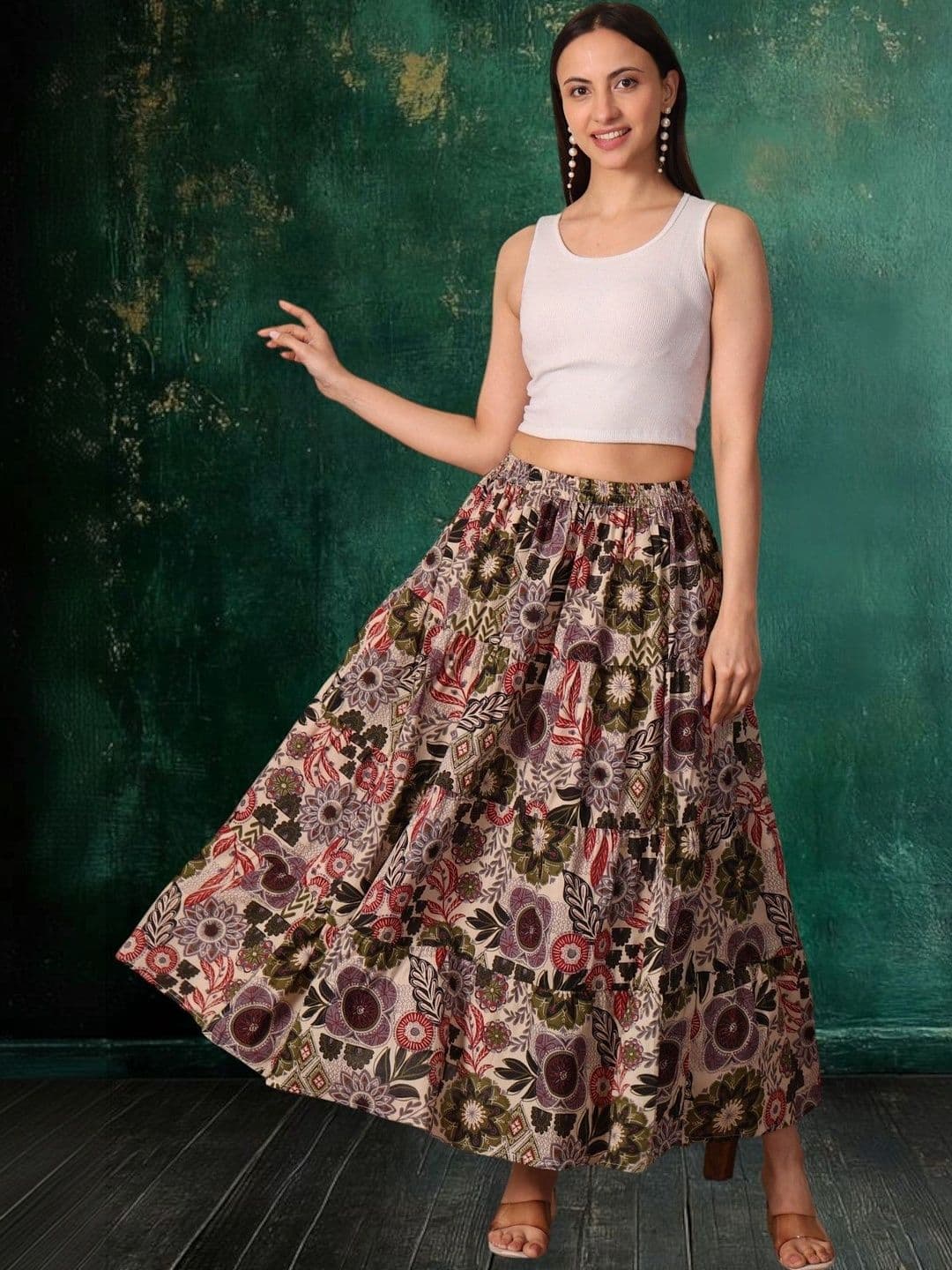 House of Sakhhi Women Pure Cotton Blend Floral Maxi Tiered Skirt thumbnail 6