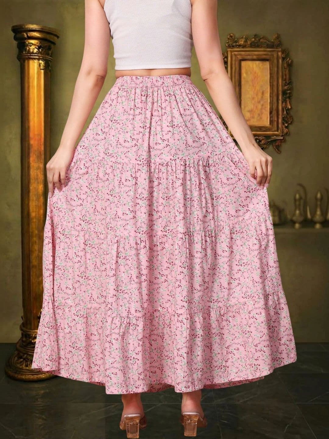 House of Sakhhi Women Pure Cotton Blend Floral Micro or Ditsy Print Maxi Tiered Skirt thumbnail 2