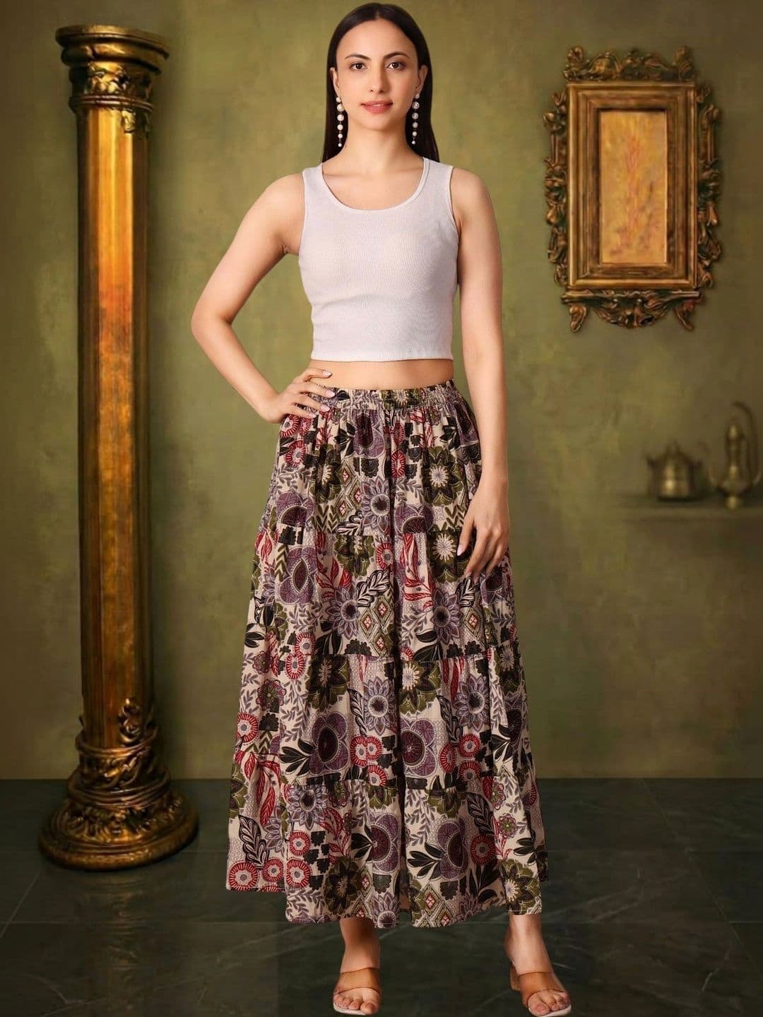 House of Sakhhi Women Pure Cotton Blend Floral Maxi Flared Skirt - view 1