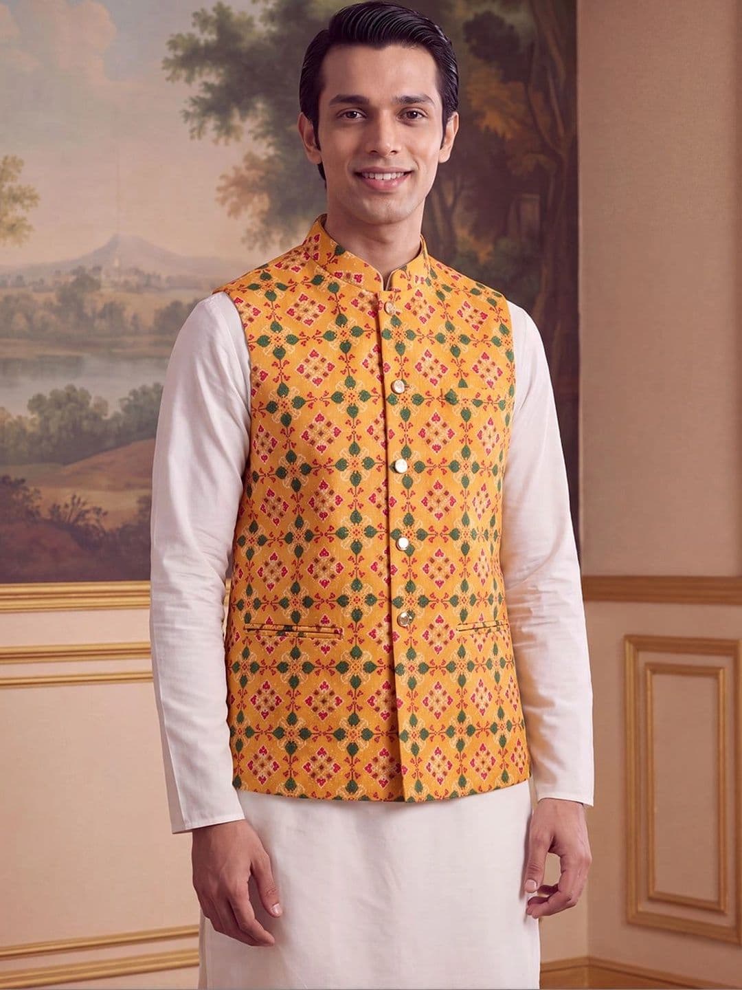 House of Pataudi Patola Printed Mandarin Collar Koti - view 1