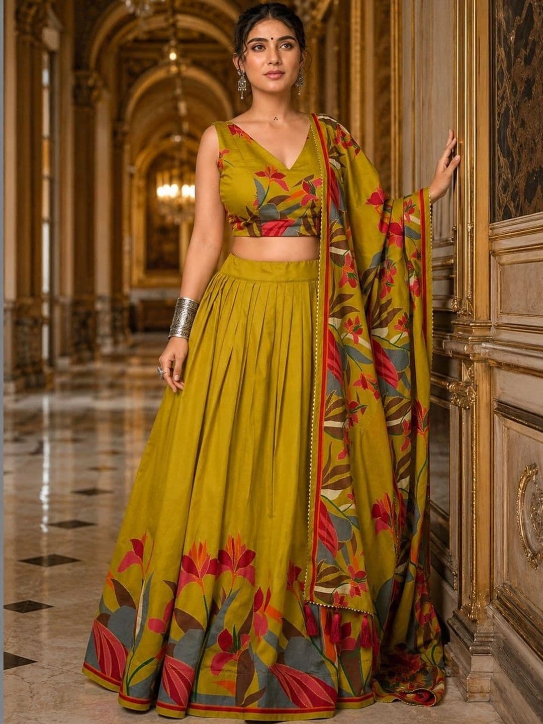 House of Pataudi Printed Semi-Stitched Lehenga & Unstitched Blouse Taping thumbnail 2